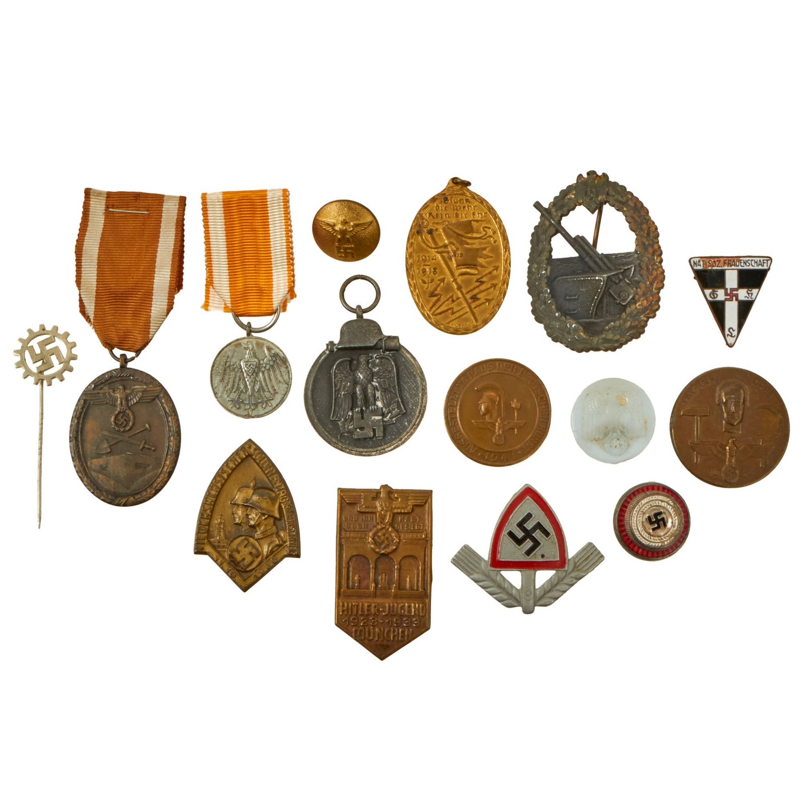 Buy Original German WWI - WWII Award, Insignia, and Tinnie Grouping with Eastern Medal, Coastal Artillery Badge, and More - 15 Items | Original Firearms Antique For Sale