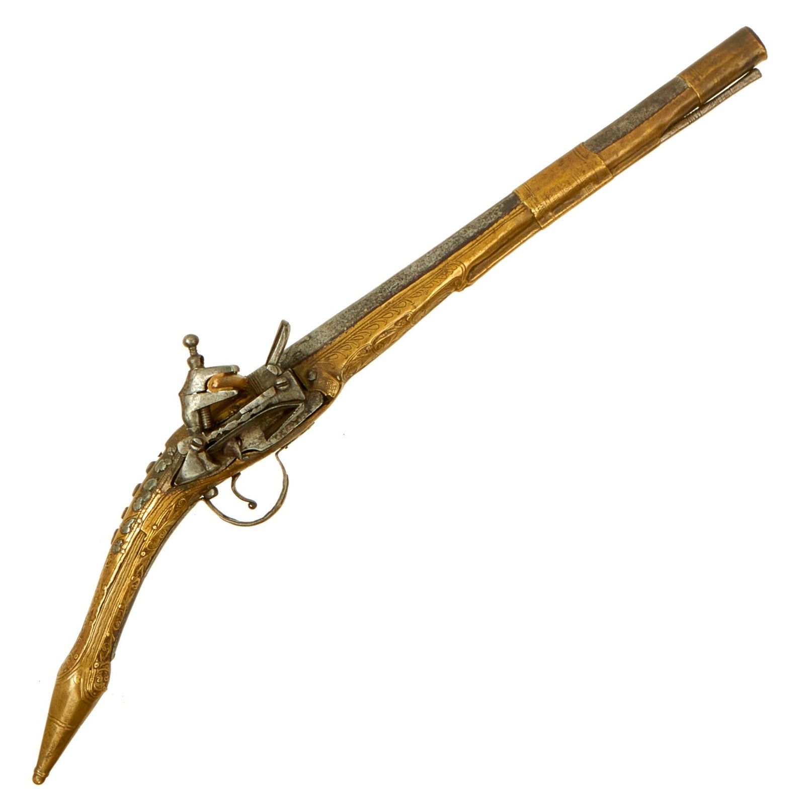Buy Original 19th Century Balkan Brass Clad Miquelet Lock Rat Tail "Pirate" Pistol - circa 1820 - 1850 | Original Firearms Antique For Sale