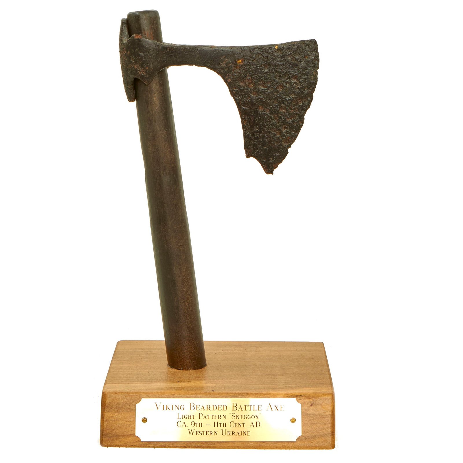 Buy Original 9th - 10th Century Rus' People “Viking” One Handed Skeggøx Bearded Battle Axe Head Excavated in Western Ukraine with Stand | Original Firearms Antique For Sale