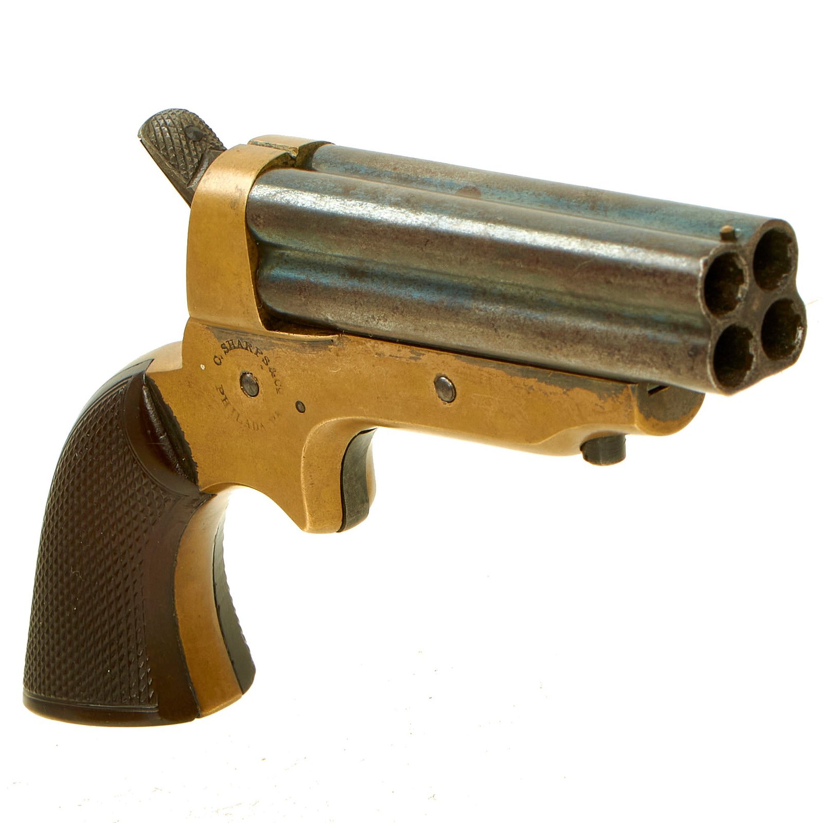 Buy Original U.S. 19th Century Sharps Model 2A .30 Rimfire 4 Barrel Brass Frame Pepperbox Pistol - Serial 10731 | Original Firearms Antique For Sale