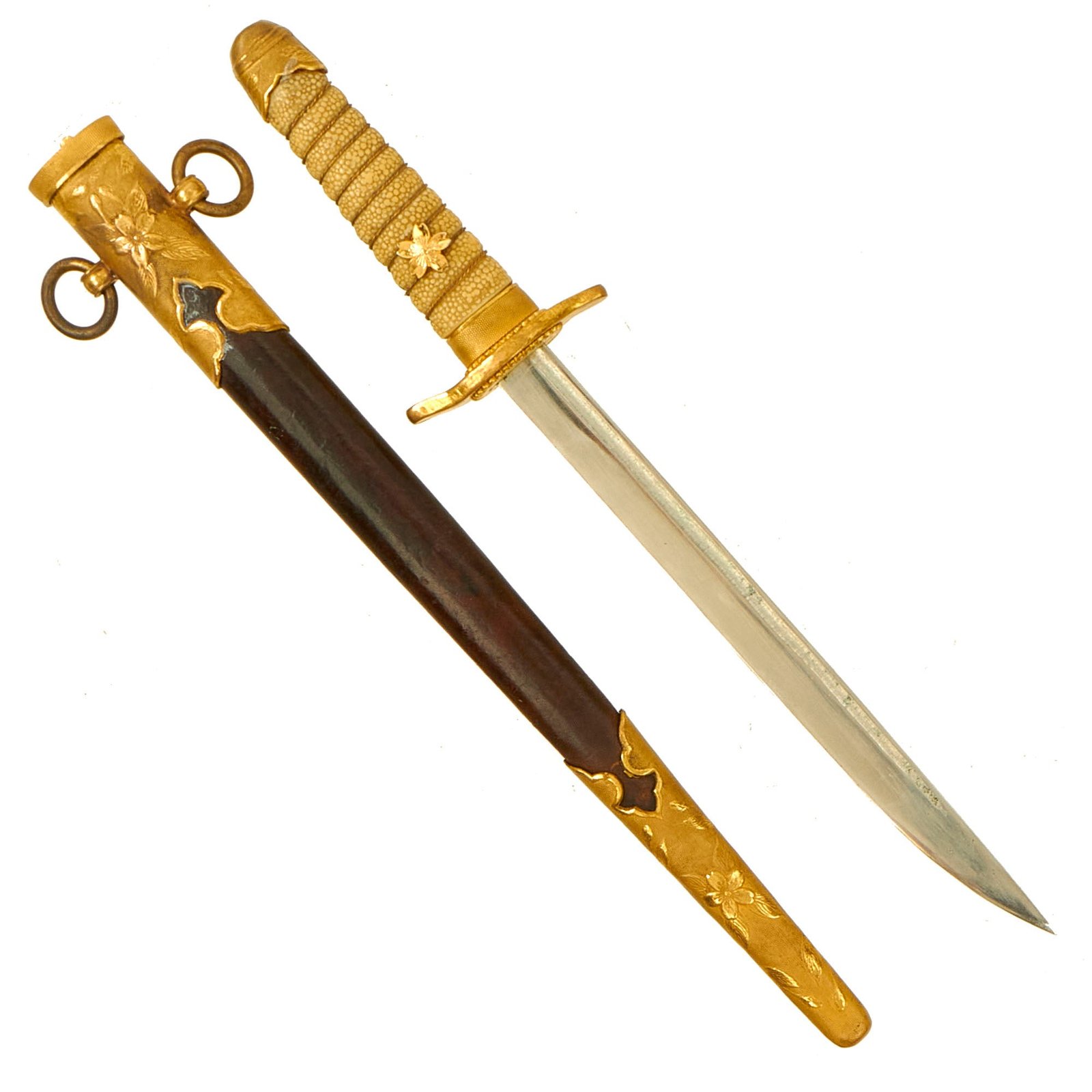 Buy Original Japanese WWII M1883 Naval Officers Dirk with Leather Scabbard & Replacement Grip Flowers | Original Firearms Antique For Sale