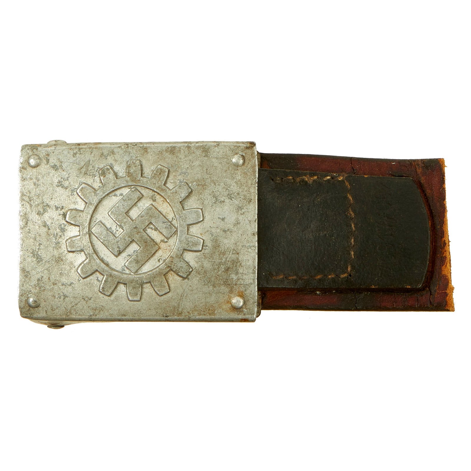 Buy Original German WWII DAF Aluminum Belt Buckle with Attached Leather Belt Remnant | Original Firearms Antique For Sale