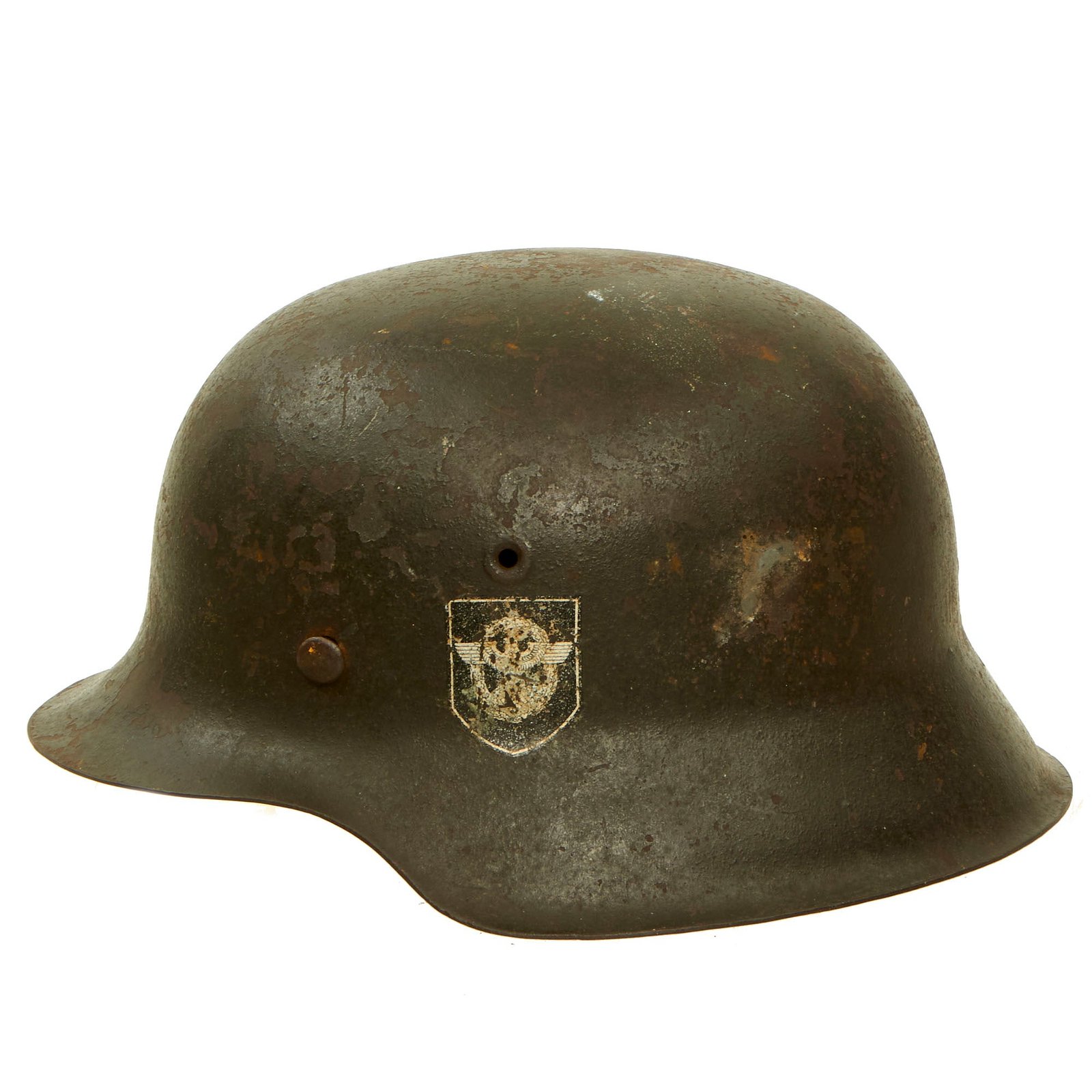 Buy Original German WWII Service Worn Double Decal NSDAP Civic Police M42 Steel Combat Helmet with Liner - EF64 | Original Firearms Antique For Sale