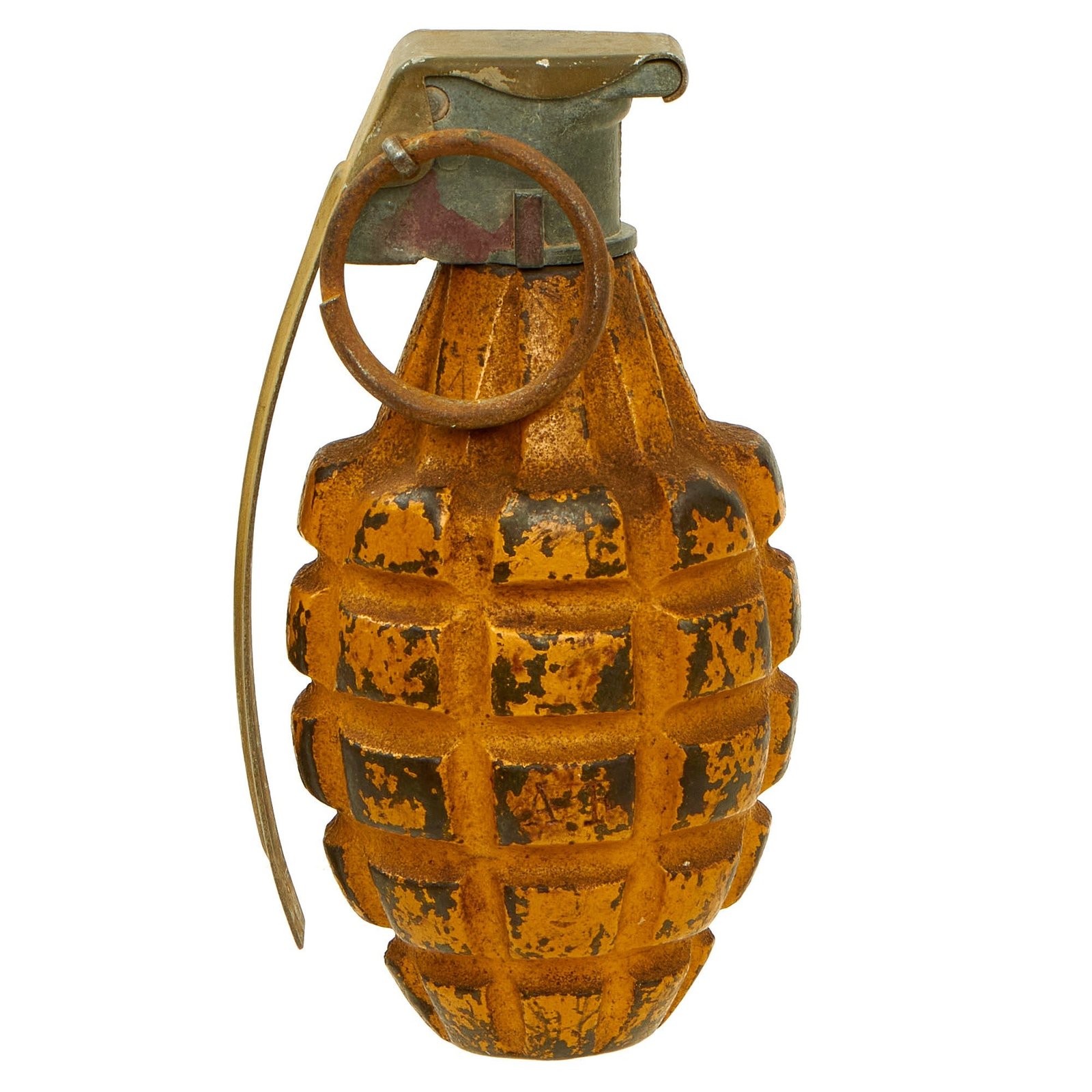 Buy Original U.S. WWII Inert MkII Yellow Early War High Explosive Pineapple Grenade with M10A3 Fuze | Original Firearms Antique For Sale