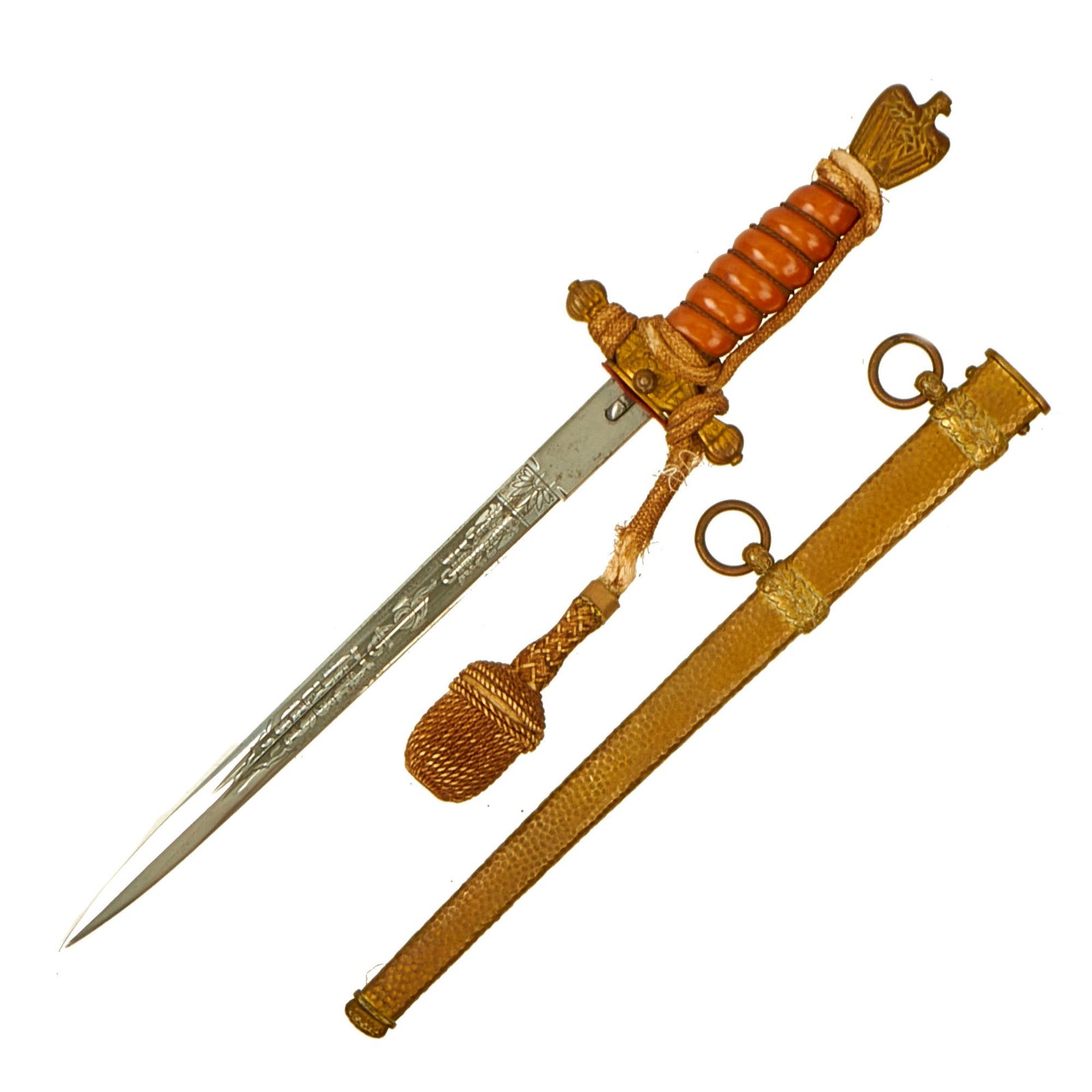 Buy Original WWII German 2nd Model Naval Dagger by W.K.C. Waffenfabrik with Hammered Scabbard & Portepee | Original Firearms Antique For Sale
