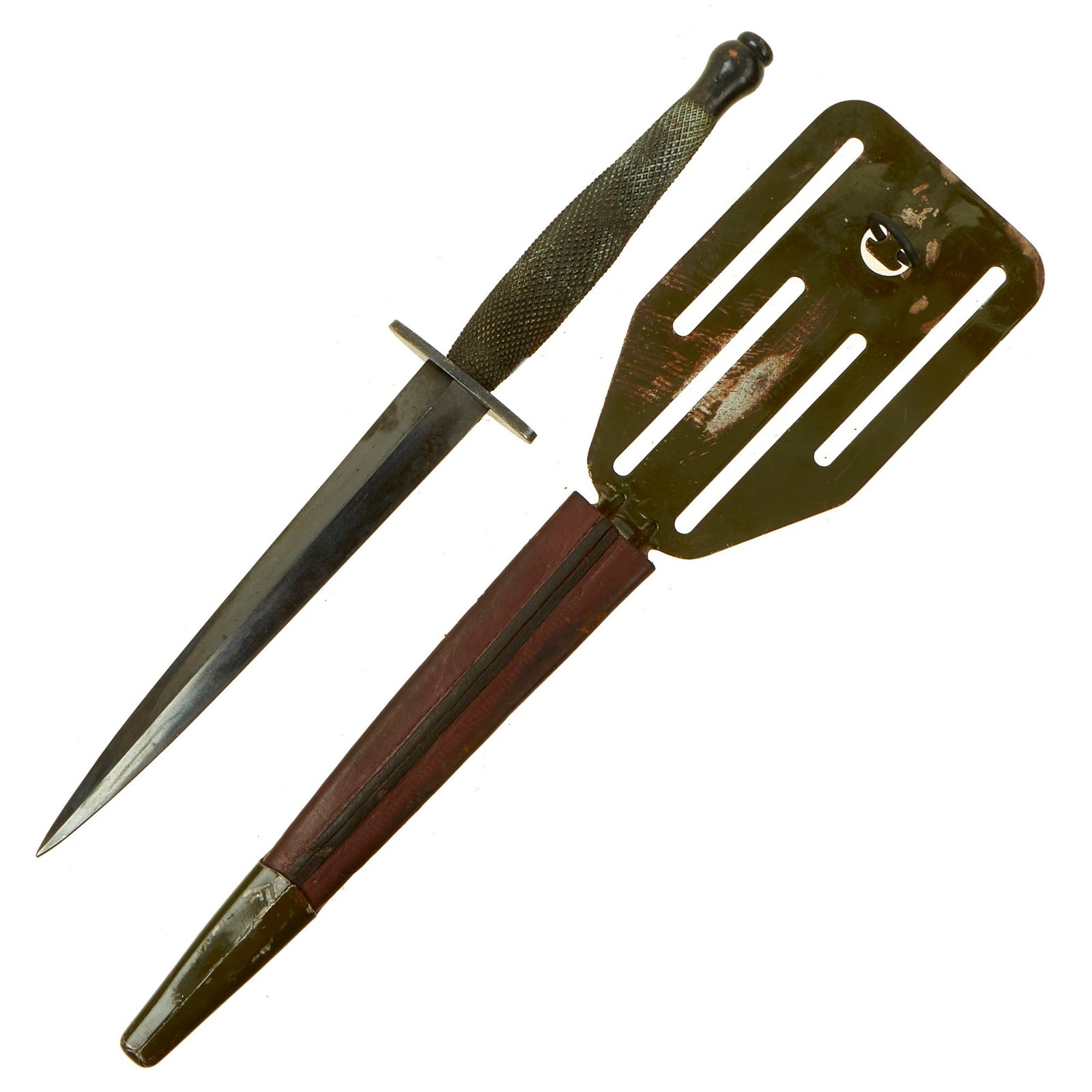 Buy Original Rare Unissued U.S. WWII OSS Stiletto attributed to Landers, Frary, and Clark with "Pancake Flipper" Scabbard - Near Unissued Condition | Original Firearms Antique For Sale