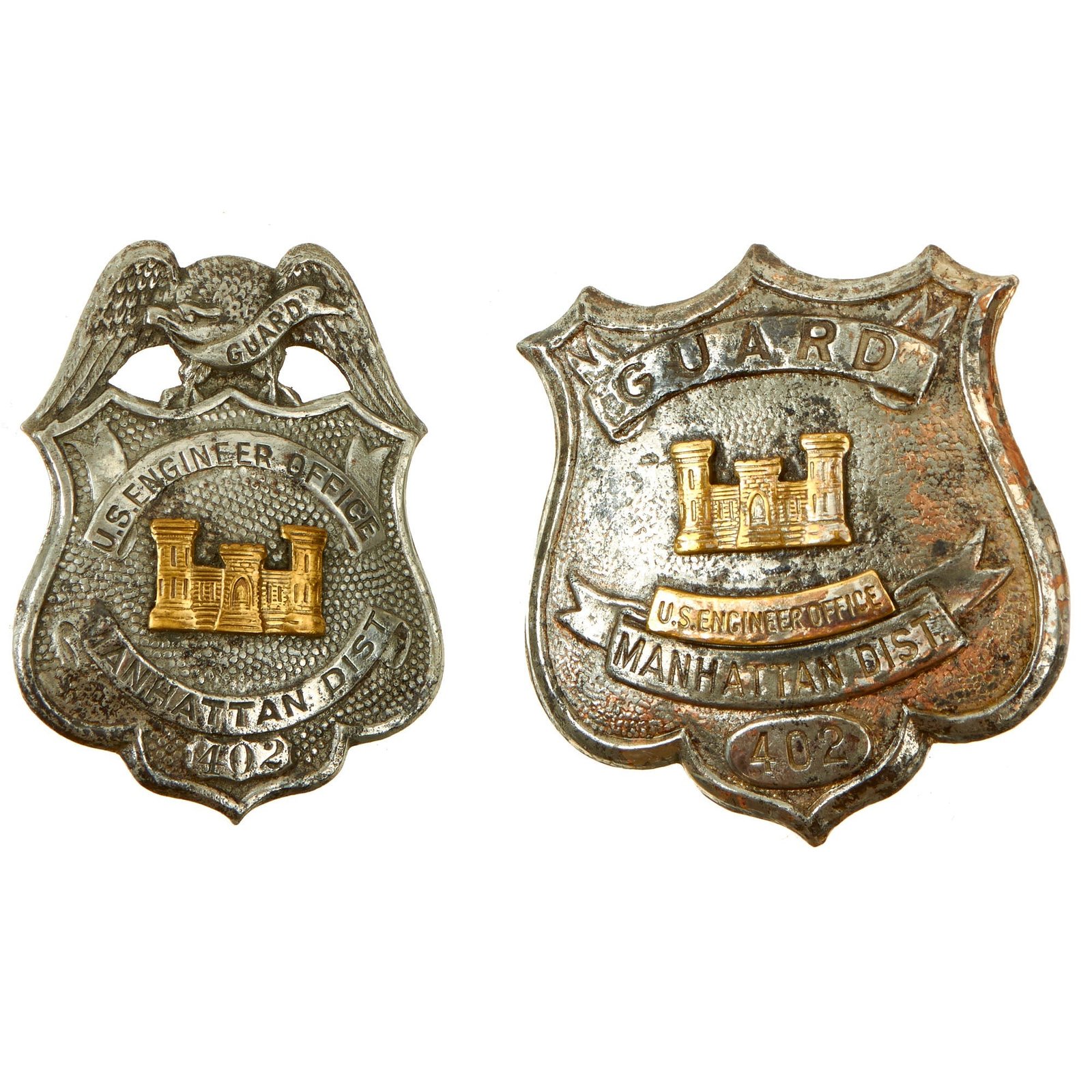 Buy Original U.S. WWII Manhattan District (Manhattan Project) New York / Oak Ridge Tennessee US Engineer Corps Guard Matched Badge Set | Original Firearms Antique For Sale