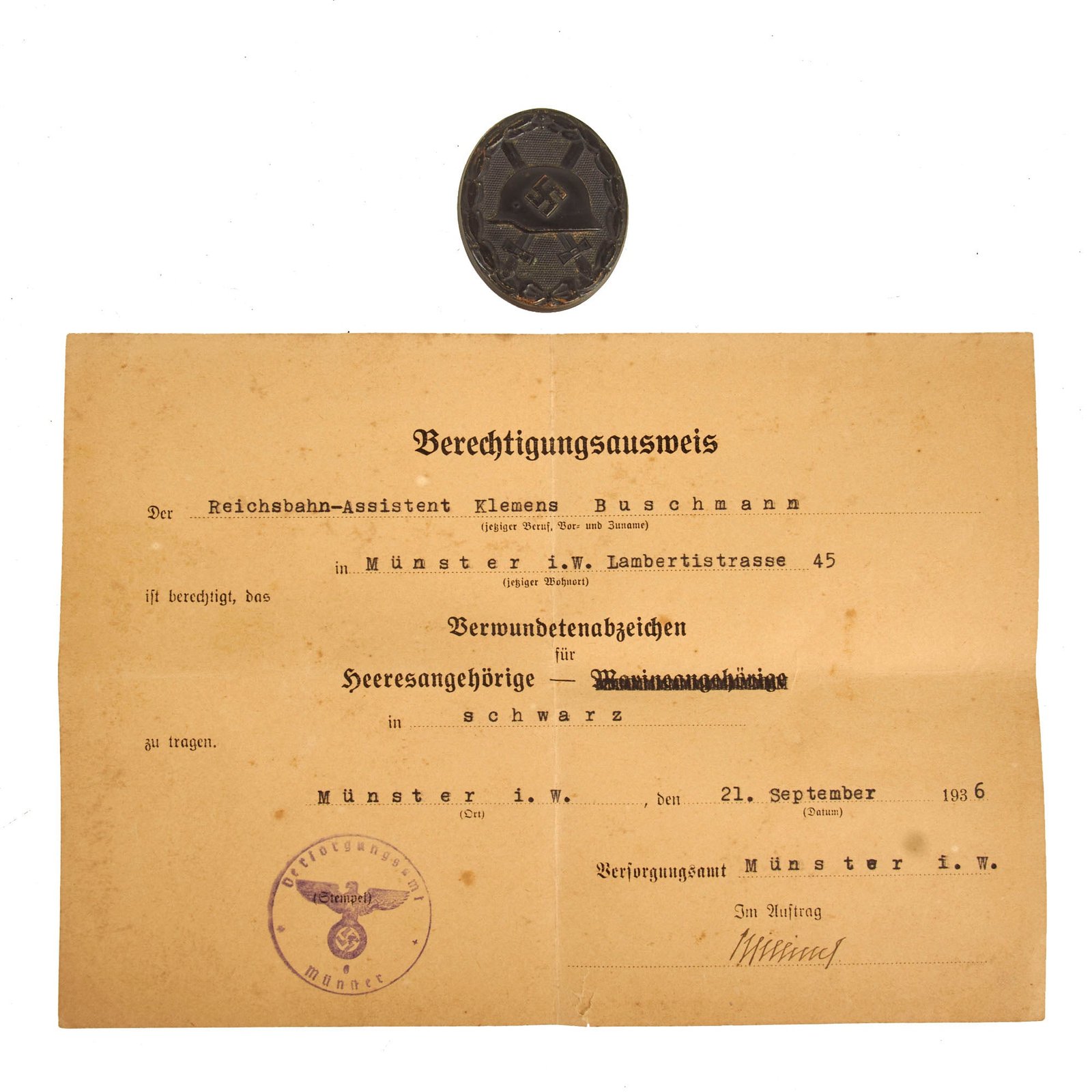 Buy Original German Pre-WWII Black 3rd Class Wound Badge with Named Award Document - Dated 1936 | Original Firearms Antique For Sale