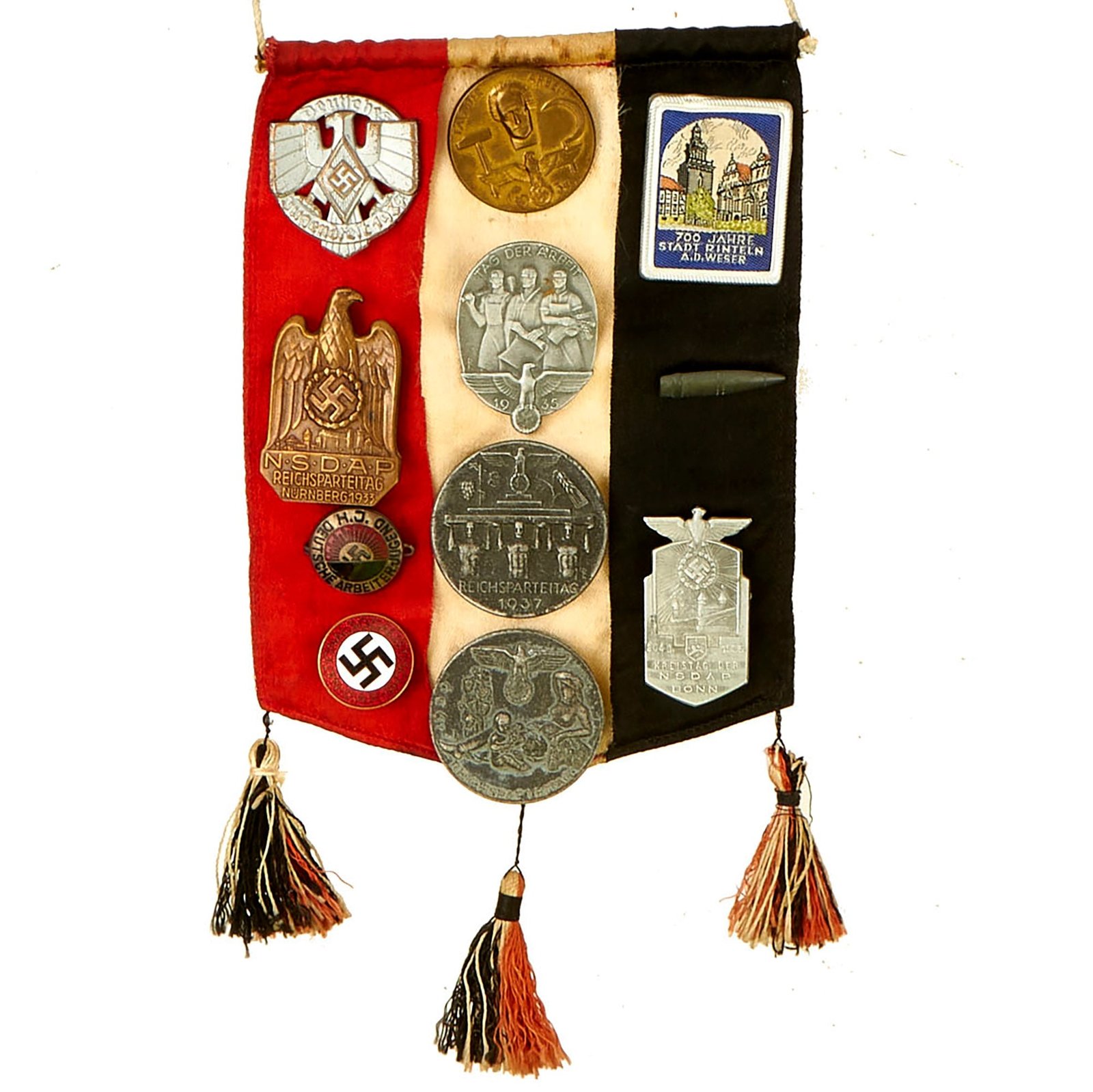 Buy Original German WWII USGI Bring Back Insignia & Tinnie Collection Attached to Small Tri-Color Banner - 11 Attached Items | Original Firearms Antique For Sale