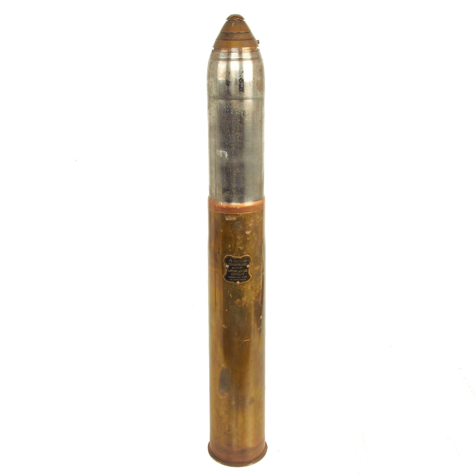 Buy Original U.S. WWI 75mm Artillery Presentation Round With Nickel Plated Projectile By The American Can Company - Inert | Original Firearms Antique For Sale
