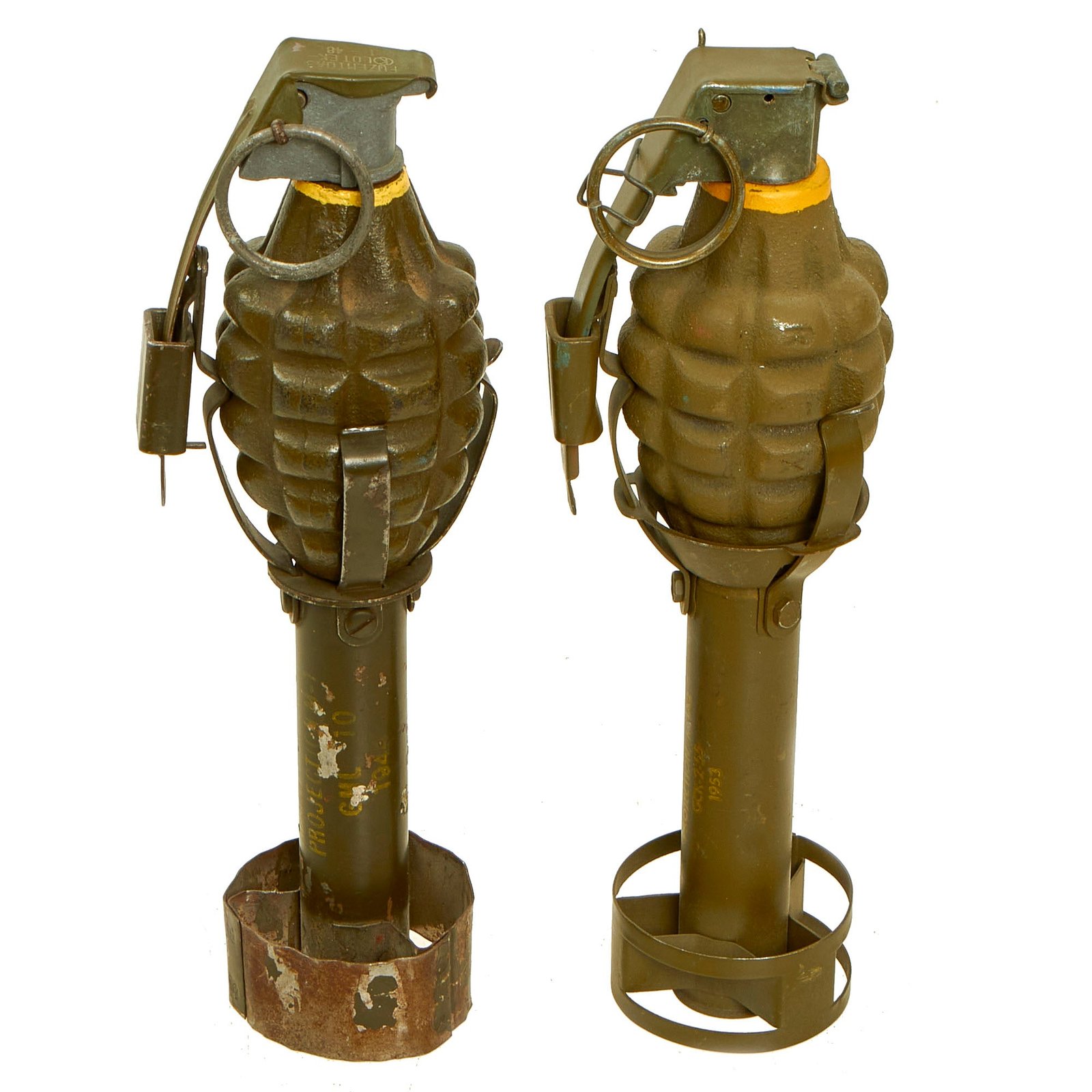 Buy Original U.S. WWII & Korean War MkII RFX M21 Pineapple Grenade With 1944 and 1953 Dated M1 Rifle Grenade Adapters | Original Firearms Antique For Sale