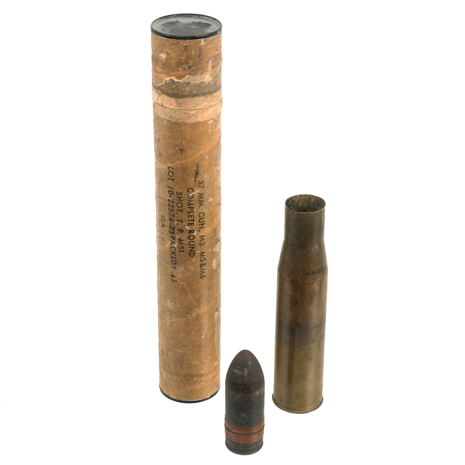 Buy Original U.S. WWII Inert 37mm M80 Armor-Piercing Round For The Browning M4 Autocannon in Storage Container - All WWII Dated | Original Firearms Antique For Sale