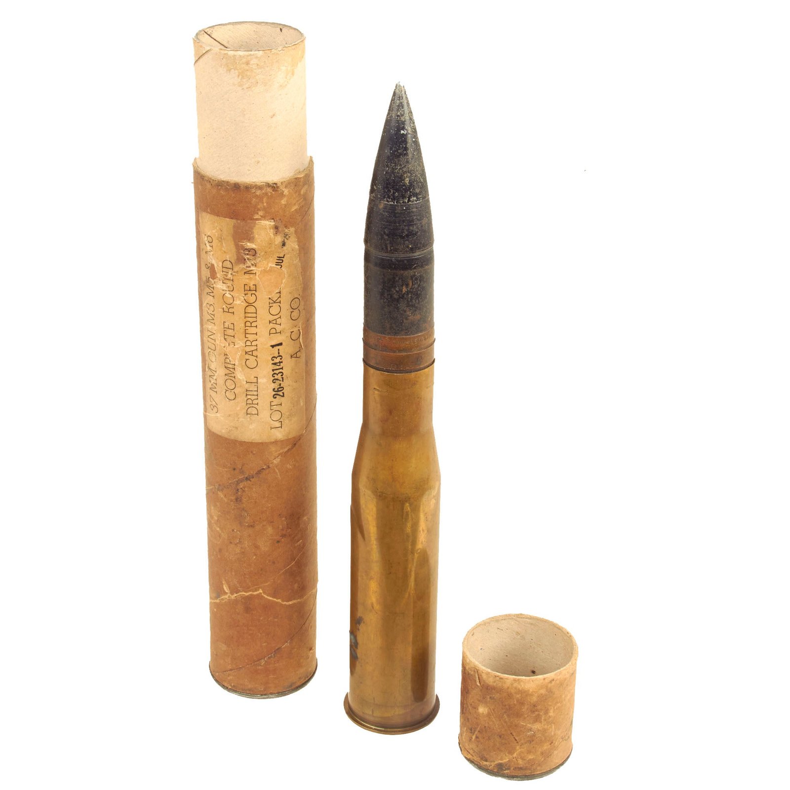 Buy Original U.S. WWII Inert 37mm M13 Drill Round For M3, M5 and M6 Guns With Storage Tube - Dated 1942/43 | Original Firearms Antique For Sale