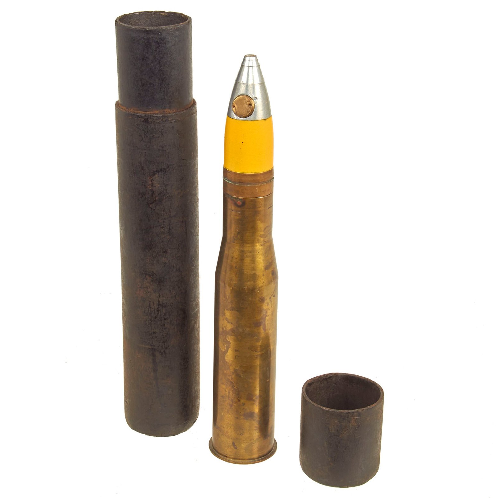 Buy Original U.S. WWII Inert 37mm M54 High-Explosive Round For The Browning M4 Autocannon With Storage Container - Dated 1942 | Original Firearms Antique For Sale