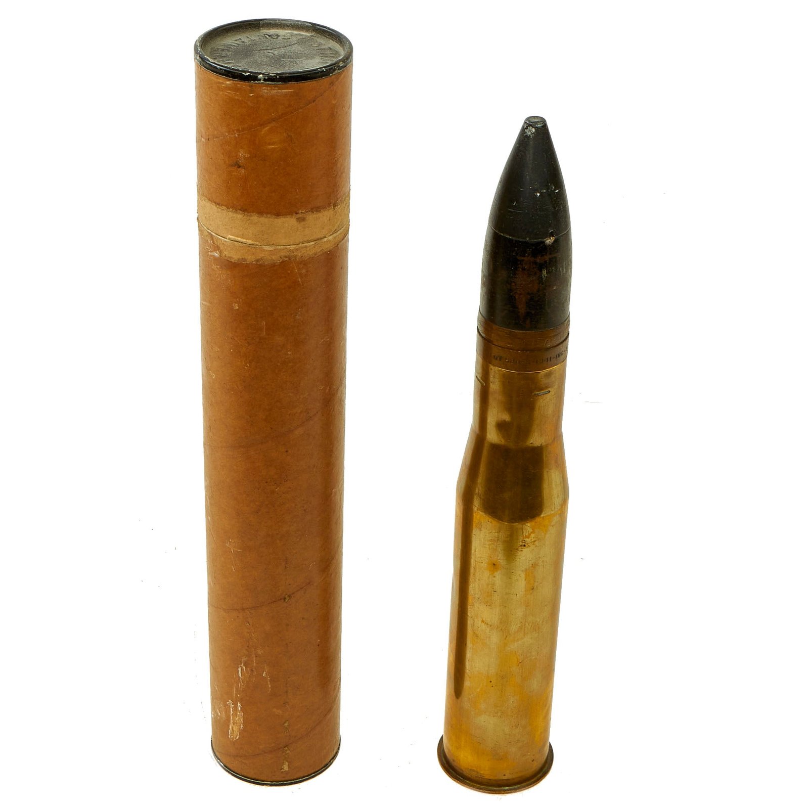 Buy Original U.S. WWII Inert 1942 Dated 37mm M55A1 Practice Round With M50 Dummy Fuze and Cardboard Tube | Original Firearms Antique For Sale
