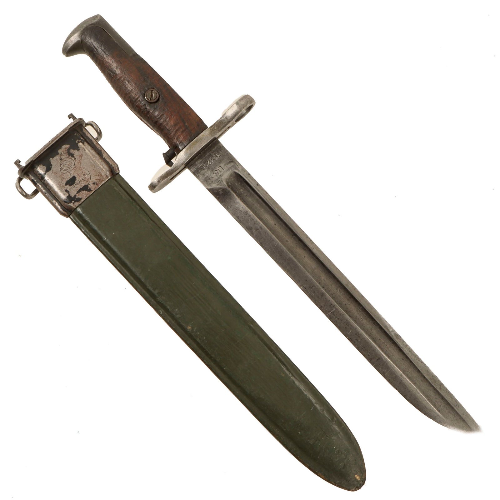 Original U.S. WWII M1905E1 M1 Garand 10 inch Cut Down Bayonet by Springfield Armory Dated 1906 with M7 Scabbard