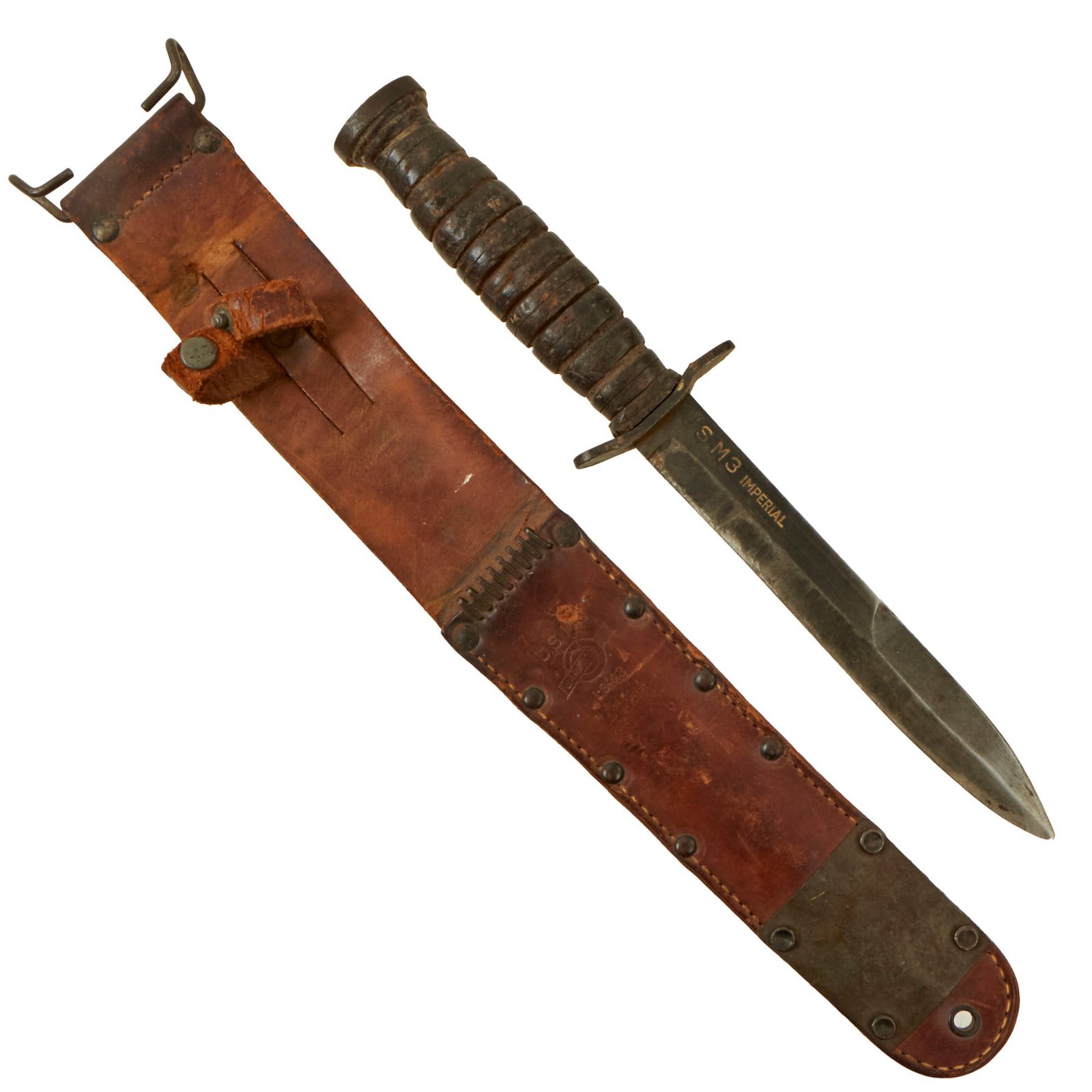 Buy Original U.S. WWII Service-Worn M3 Blade Marked Fighting Knife by Imperial with 1943 dated M6 Leather Scabbard | Original Firearms Antique For Sale