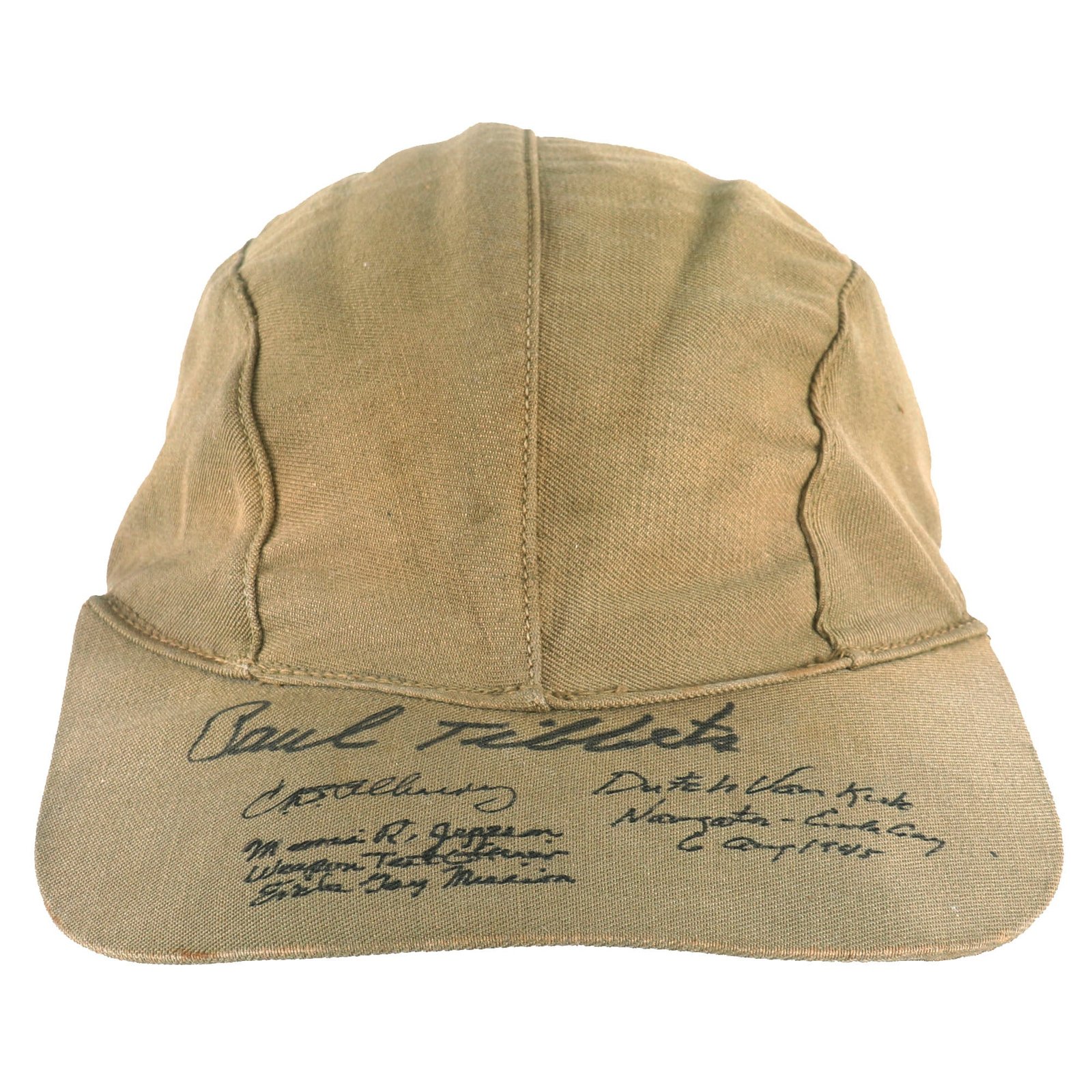 Buy Original U.S. WWII USAAF Type B-1 Summer Flying Cap Signed by Enola Gay Hiroshima Mission Commander Paul Tibbets, Navigator “Dutch” Van Kirk and Assistant Weaponeer Morris Jeppson | Original Firearms Antique For Sale