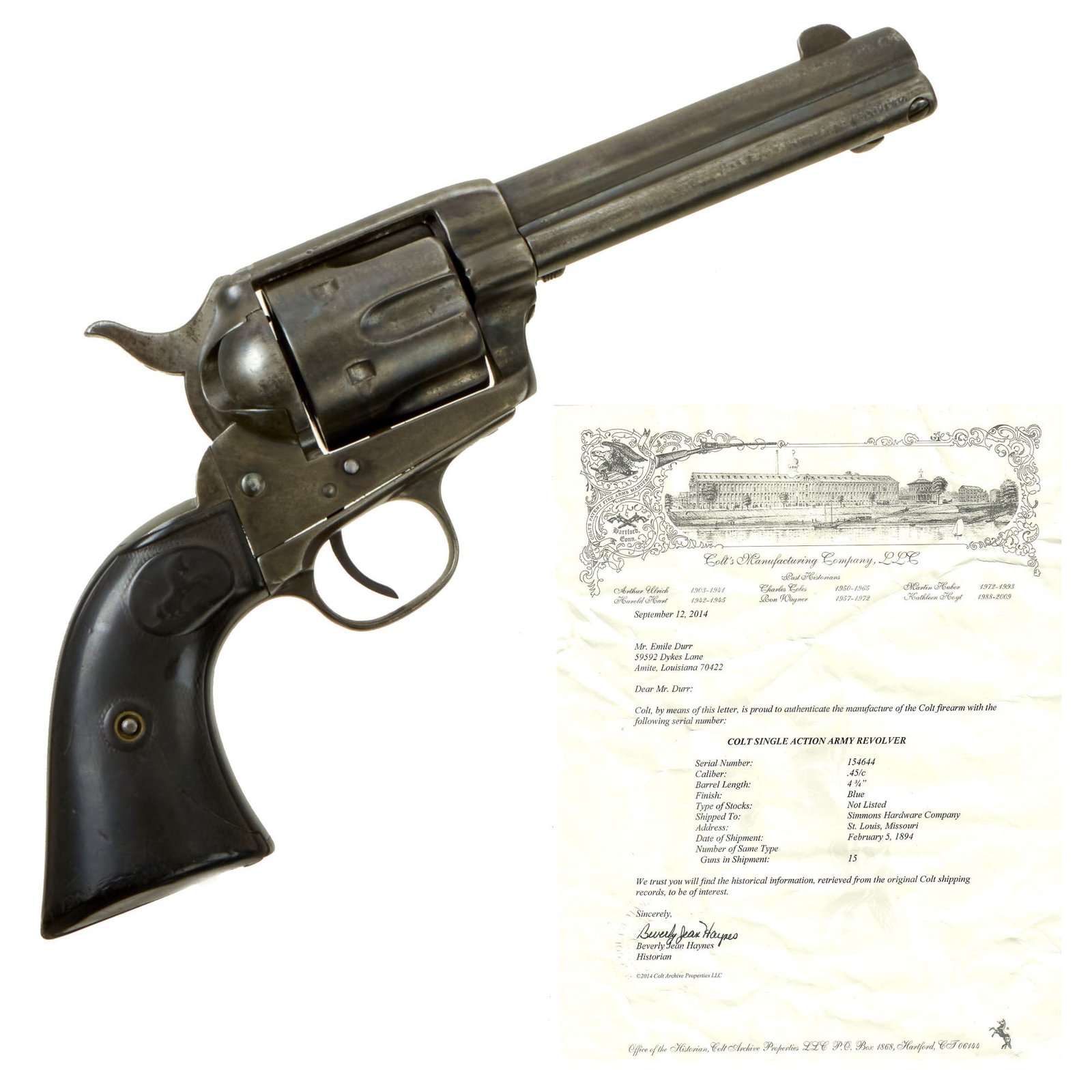 Buy Original U.S. Colt .45cal Single Action Army Revolver made in 1894 with 4 3/4" Barrel & Factory Letter - Matching Serial 154644 | Original Firearms Antique For Sale