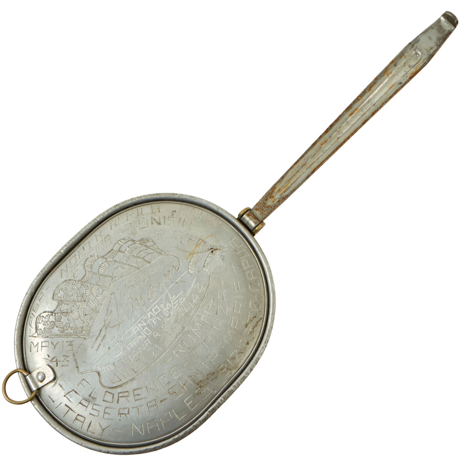 Buy Original U.S. WWII Extraordinary Named Mussolini & Travel Diary Engraved M1910 Mess Kit - “Lantern Jawed Spaghetti Slingin’ Musso the Beat Up Dog” | Original Firearms Antique For Sale
