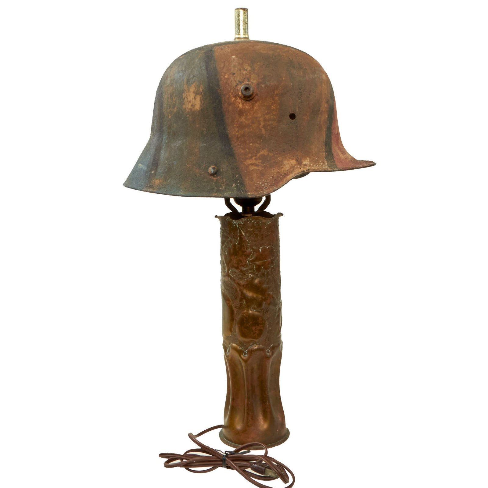 Buy Original German WWI Artillery Shell Casing Trench Art Lamp with Camouflage M16 Helmet Lampshade - Functional | Original Firearms Antique For Sale