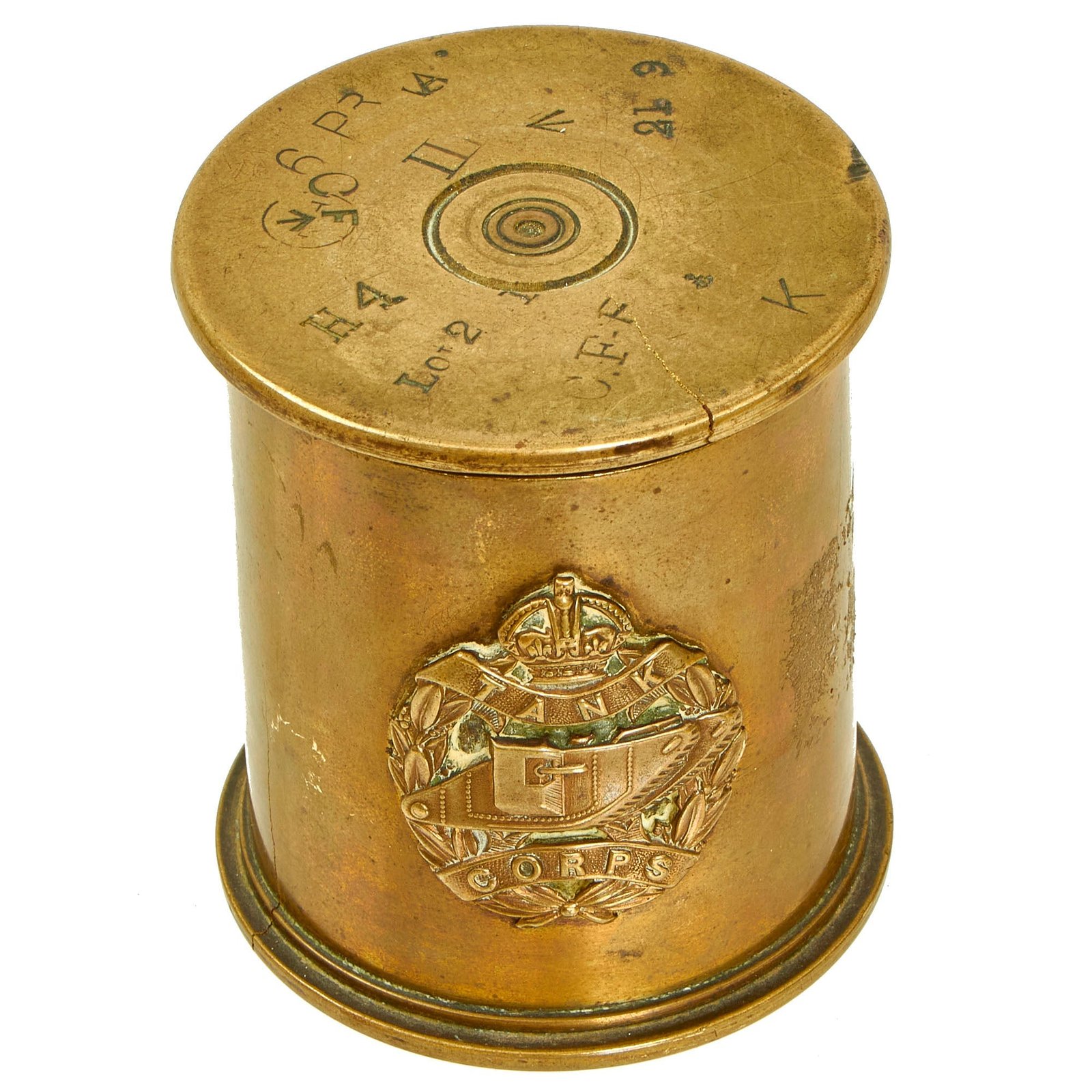 Buy Original British WWI Era Royal Tank Regiment Tobacco Can Shell Casing Trench Art | Original Firearms Antique For Sale