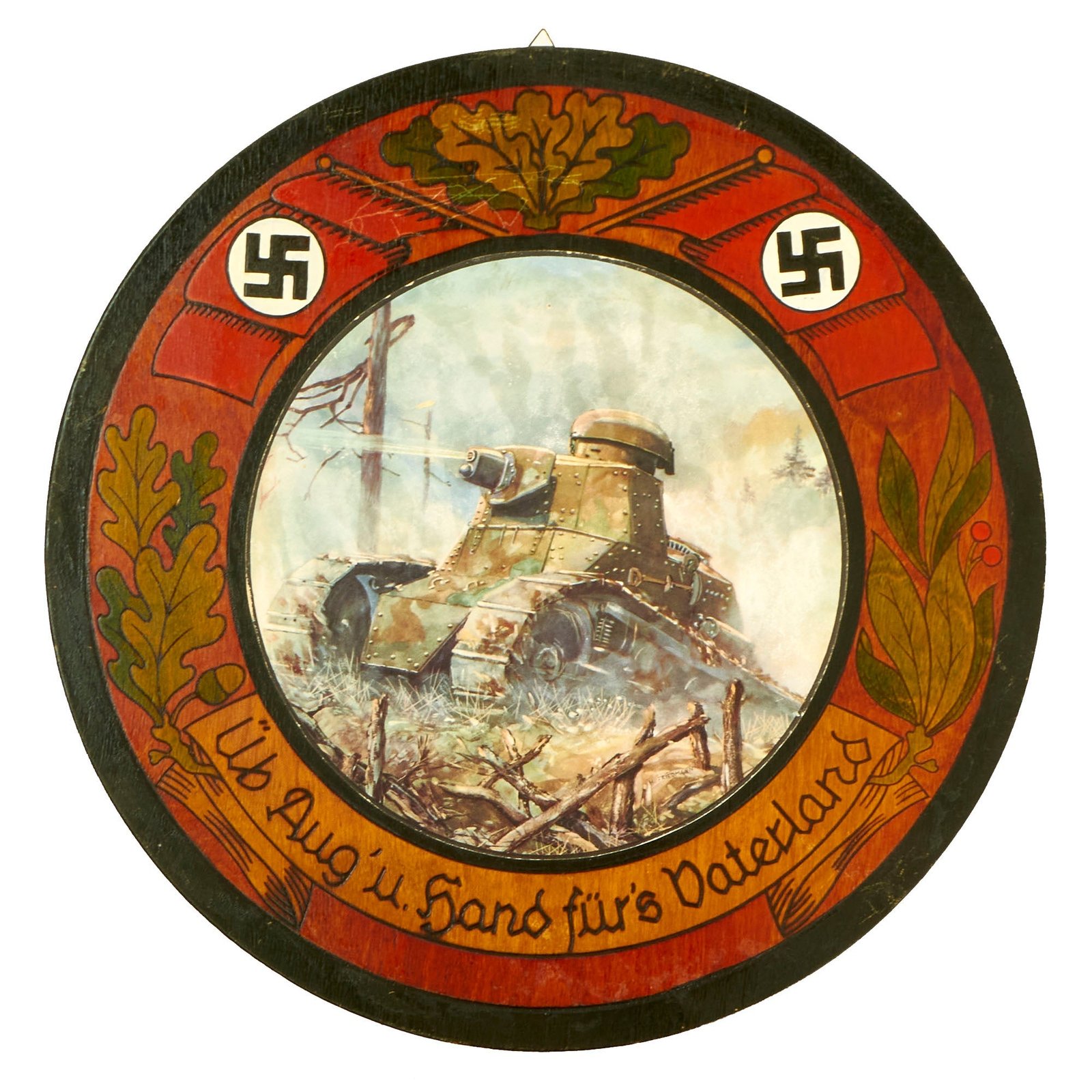 Buy Original German Pre-WWII NSDAP Shooting Club Wooden Plaque with Panzer Tank Illustration - 16 3/4" Wide | Original Firearms Antique For Sale