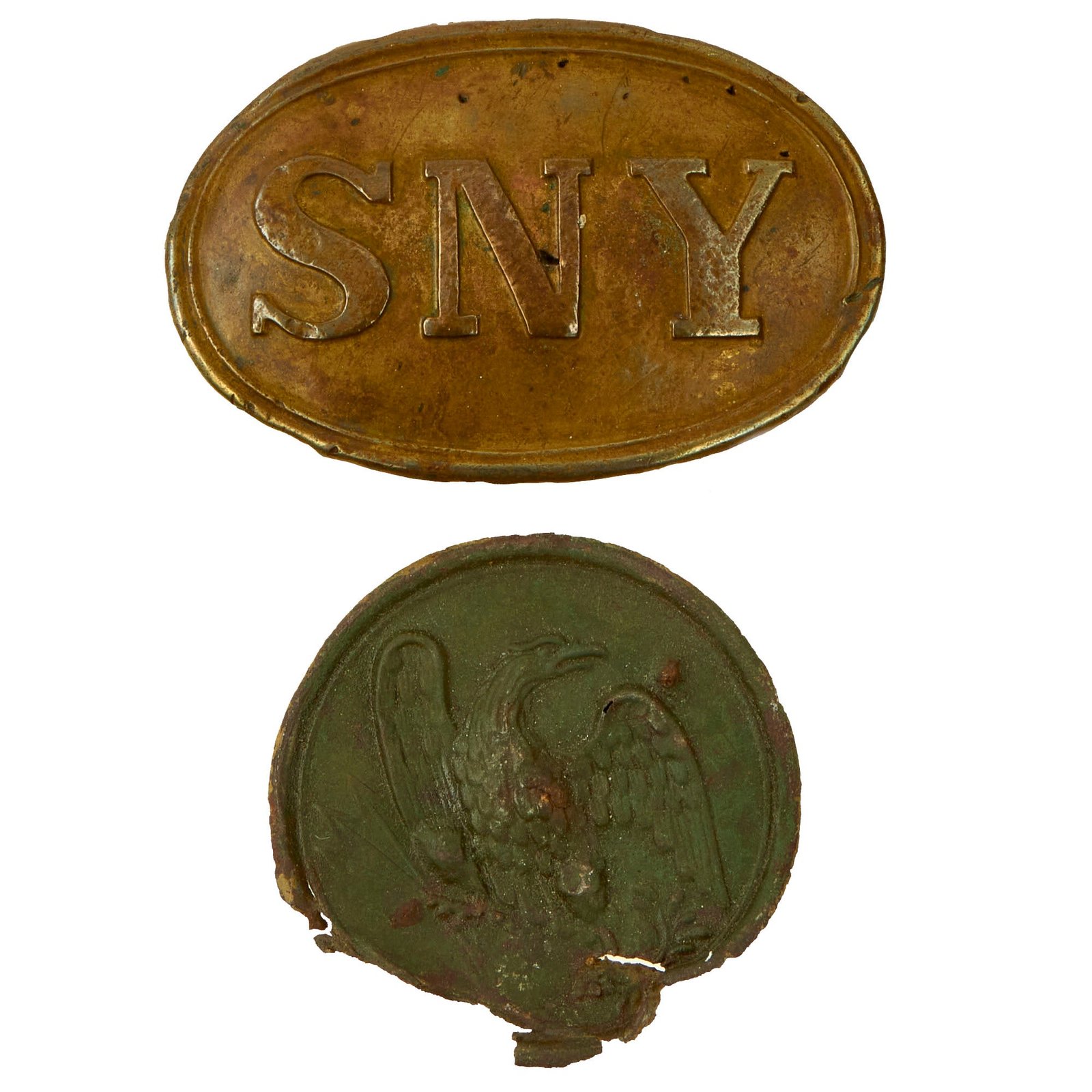 Buy Original U.S. Civil War SNY State of New York Buckle and Cartridge Box Sling Eagle Breast Plate Lot Ground Dug at Manassas, Battle of Bull Run Area - 2 Items | Original Firearms Antique For Sale