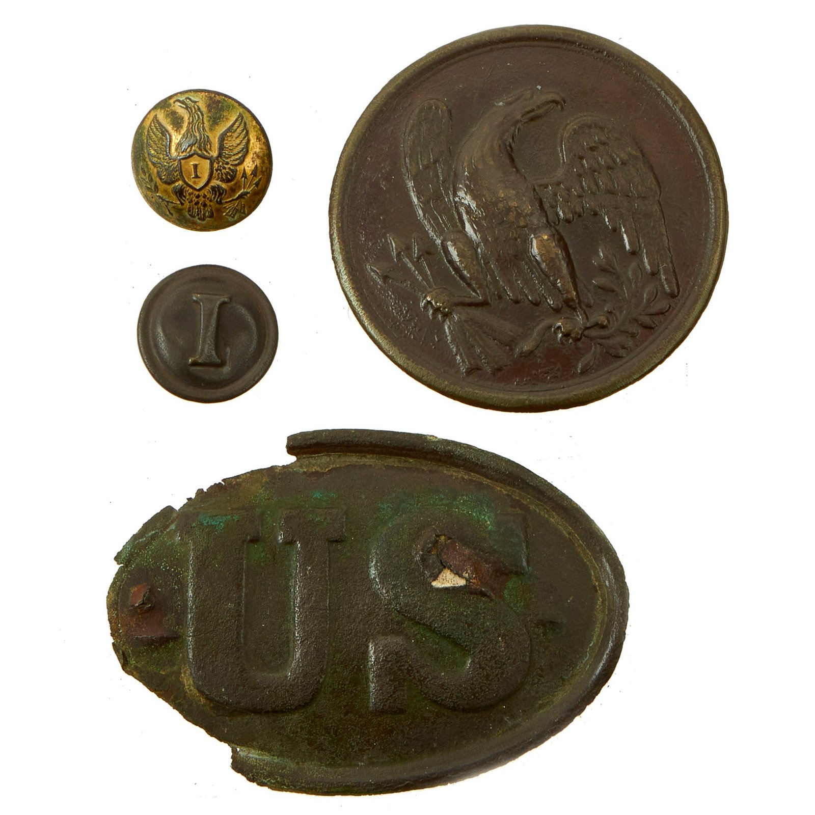 Buy Original U.S. Civil War Federal Cartridge Box Plate Lot Ground Dug At The Virginia Seminary Union Encampment Location - 4 Items | Original Firearms Antique For Sale