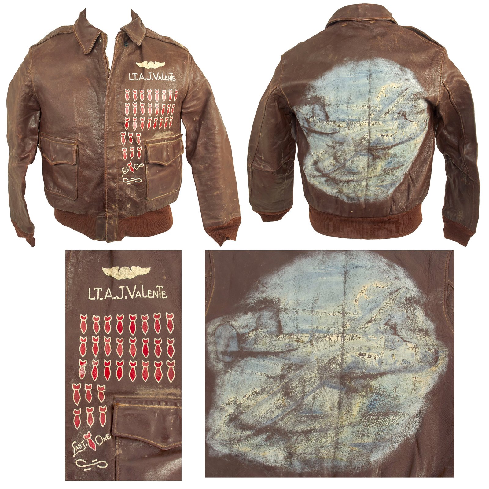 Buy Original U.S. WWII 8th Air Force Painted A-2 Leather Flight Jacket - 453rd Bomb Group - Same as Jimmy Stewart - Lt. Anthony J. Valente | Original Firearms Antique For Sale