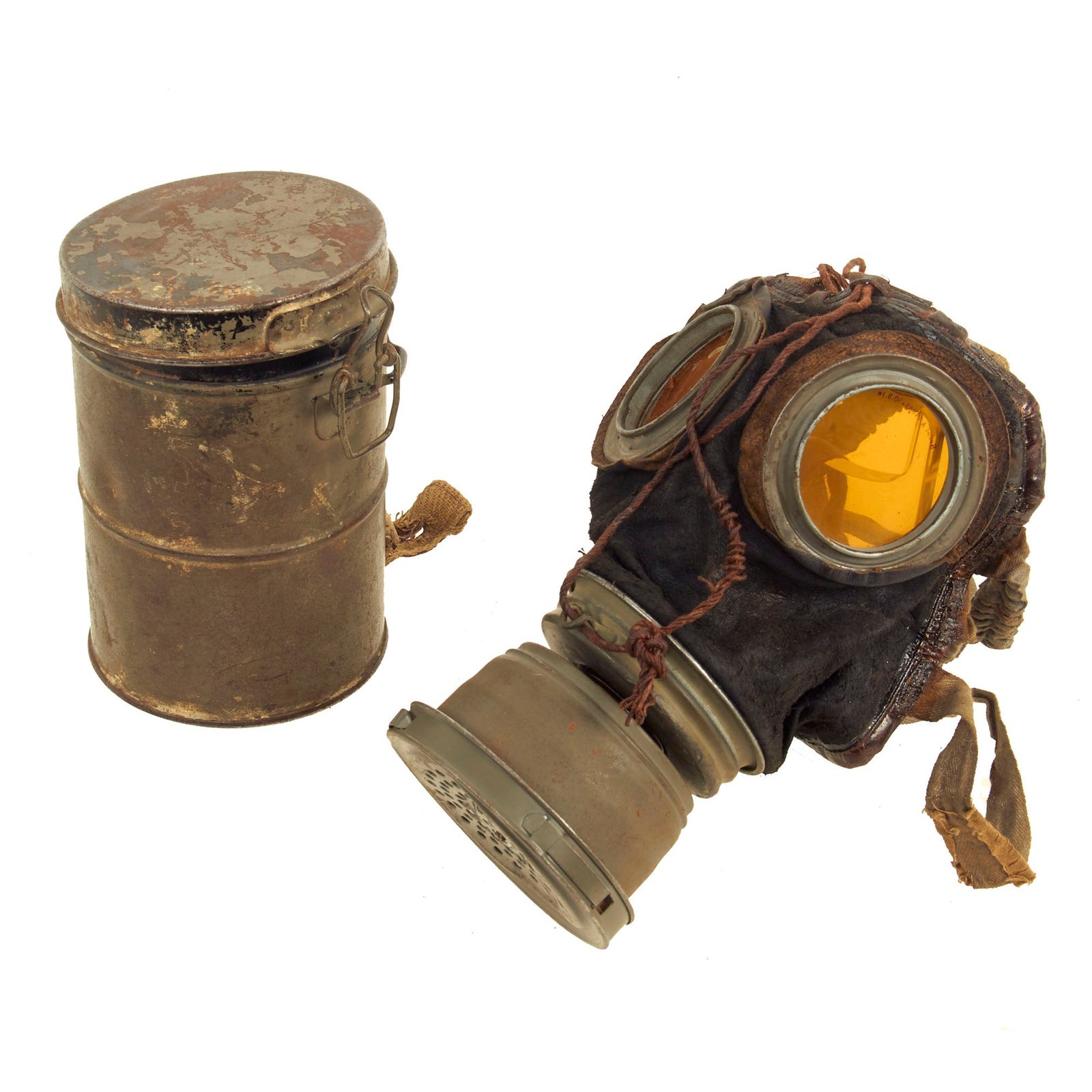 Buy Original Imperial German WWI M1917 Ledermaske Gas Mask with Can, filter and Spare Lenses - dated 1918 | Original Firearms Antique For Sale