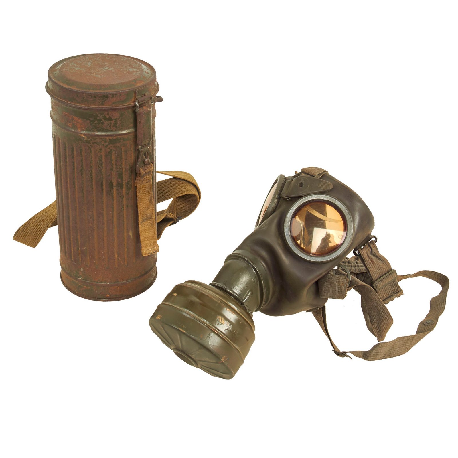 Buy Original German WWII M38 Gas Mask in Size 2 with Filter, Canister, & Accessories - dated 1940 - Danish Reissue | Original Firearms Antique For Sale