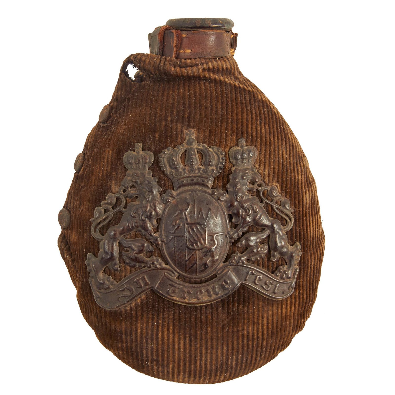 Buy Original German WWI Infantry M1915 Canteen Feldflasche With Corduroy Cover That Features Bavarian Pickelhaube Wappen Front Plate | Original Firearms Antique For Sale