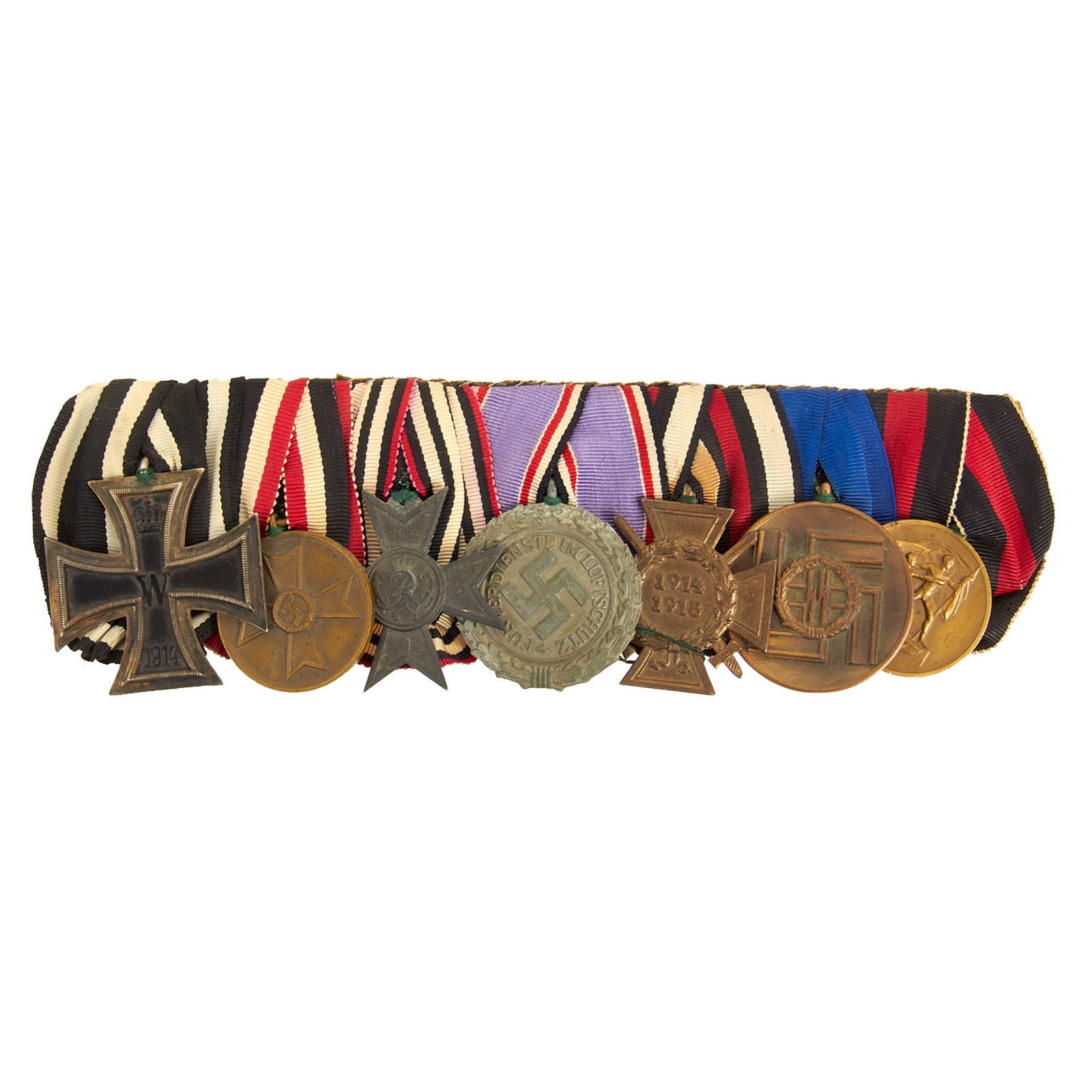 Buy Original German WWI & WWII Era Medal Bar with EKII, SS Eight Year Long Service Award & Hindenburg Cross - 7 Awards | Original Firearms Antique For Sale