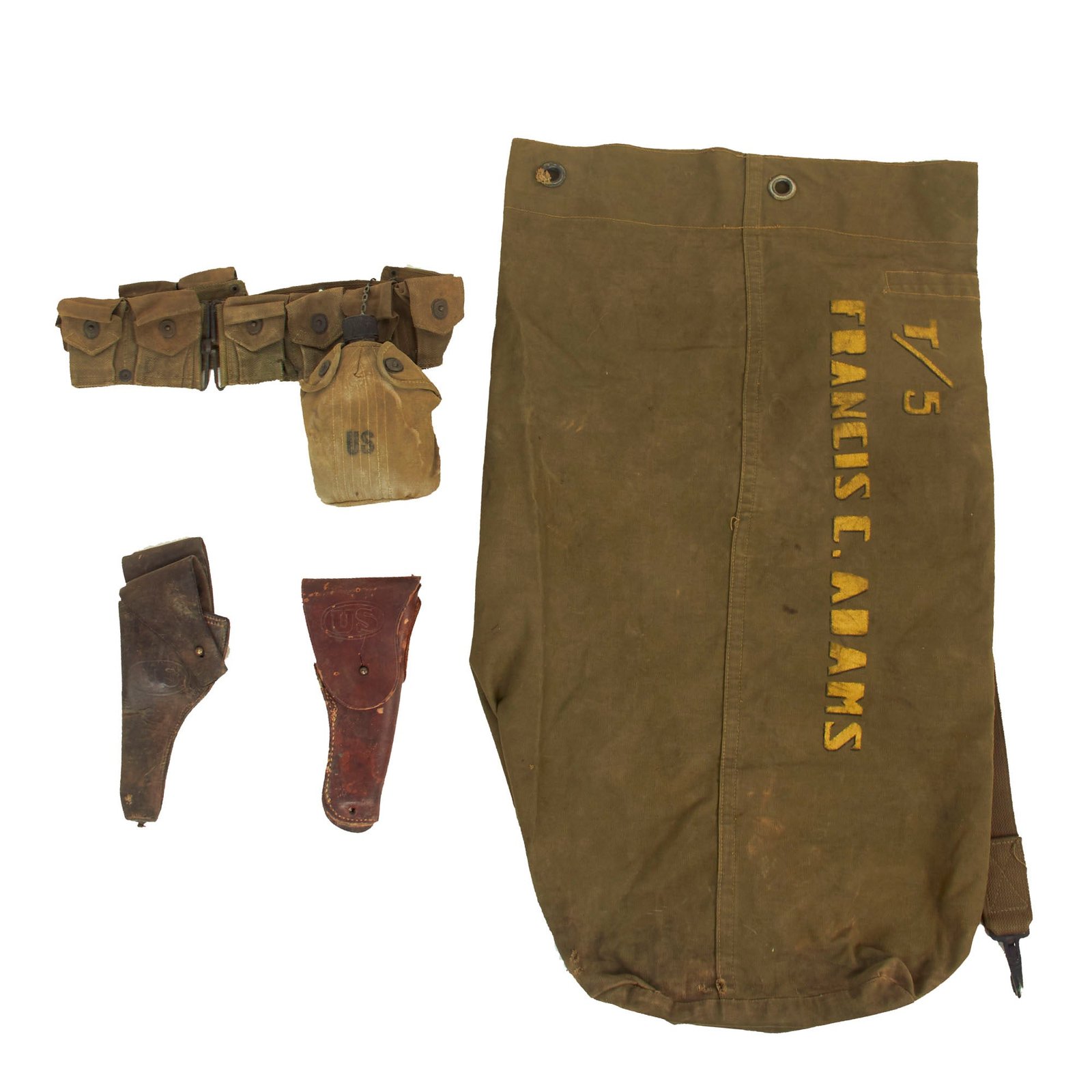 Buy Original U.S. WWI and WWII M-1923 Cartridge Belt Rig With Canteen Lot Featuring WWI M1909 Revolver Holster, M1916 Holster and Named / Painted Sea Bag - 5 Items | Original Firearms Antique For Sale