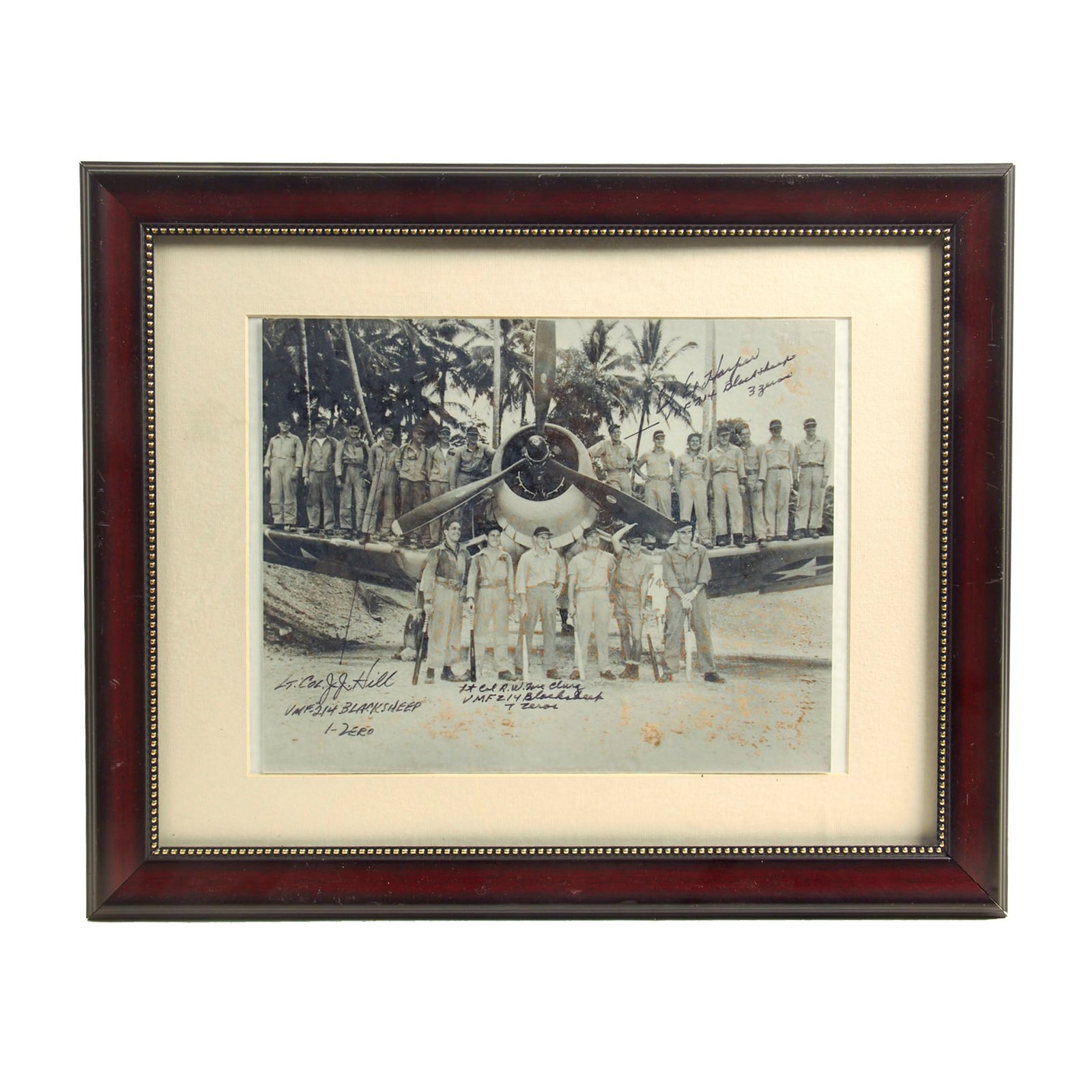 Buy Original Signed Picture: U.S. WWII “Black Sheep” Marine Fighter Squadron 214 Framed Picture Signed by Pilots Ed Harper, Robert McClurg and James Hill - 16 ¼” x 13 ¼” | Original Firearms Antique For Sale