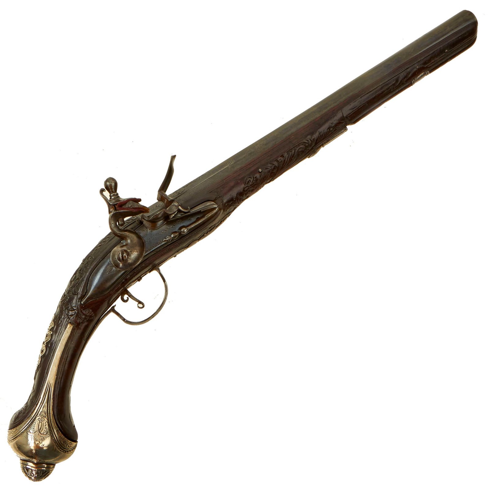 Buy Original Magnificent 19th Century Ottoman Flintlock Holster Pistol with Embossed Silver Butt Cap & Engraved Stock | Original Firearms Antique For Sale