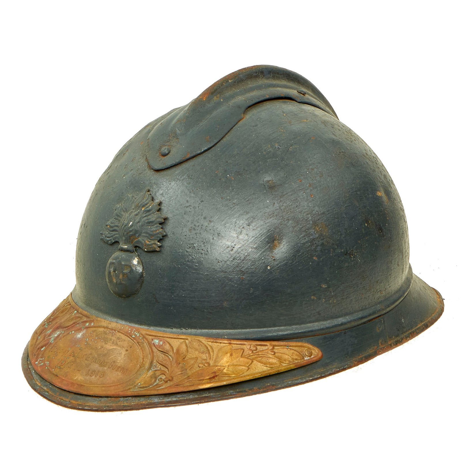 Buy Original French WWI Issue Model 1915 Adrian Helmet in Horizon Blue with RF Badge and Soldat De La Grande Guerre Plaque | Original Firearms Antique For Sale