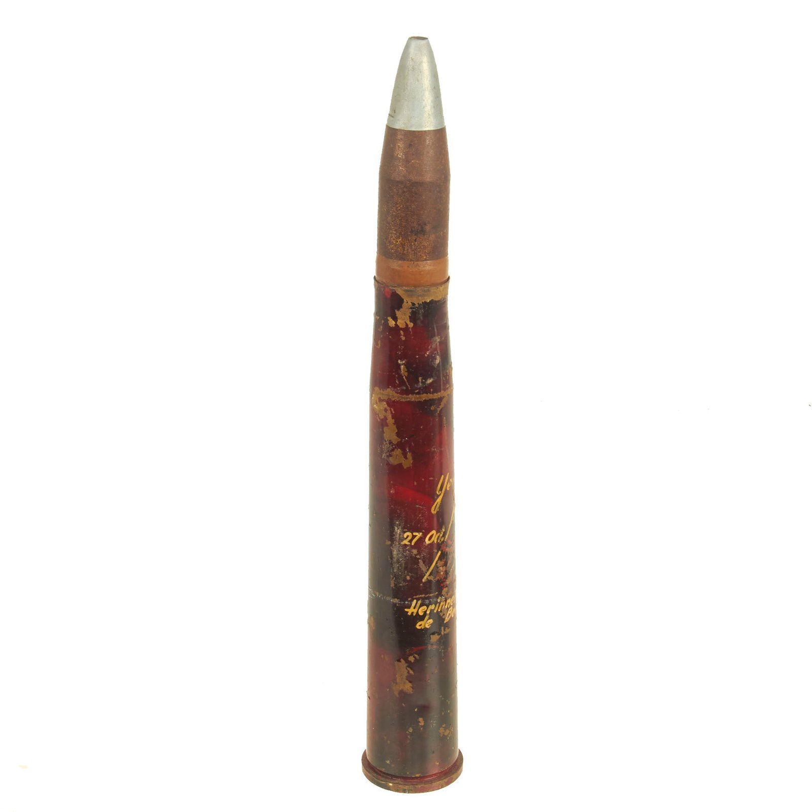 Buy Original Canadian WWII Inert 40mm Bofors Gun Round Hand Painted for “Herinnering aan de Bevrijding” Remembrance of the Liberation of Yerseke; October 27, 1944 | Original Firearms Antique For Sale