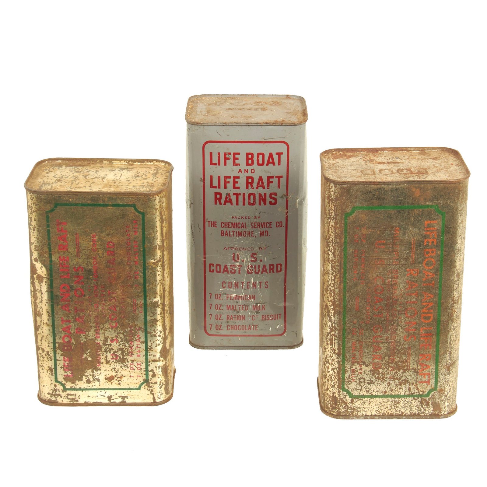 Buy Original U.S. WWII US Coast Guard Lifeboat and Liferaft Unopened Rations Tin Grouping Dated 1944 and 1945 - 3 Ration Tins | Original Firearms Antique For Sale