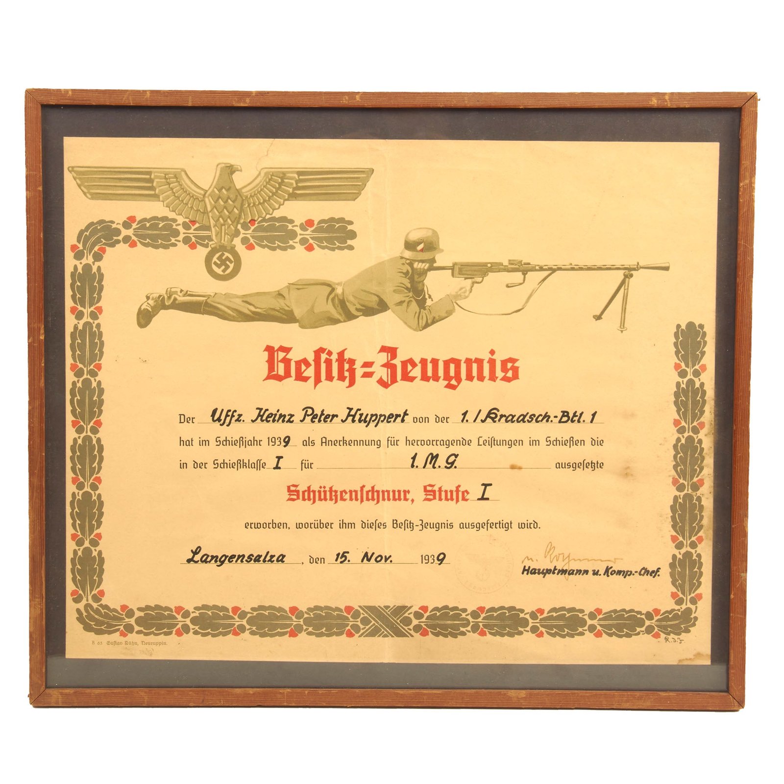 Buy Original German WWII Framed Machine Gun Marksmanship Lanyard Award Document - 14 1/4" x 16 3/4" | Original Firearms Antique For Sale