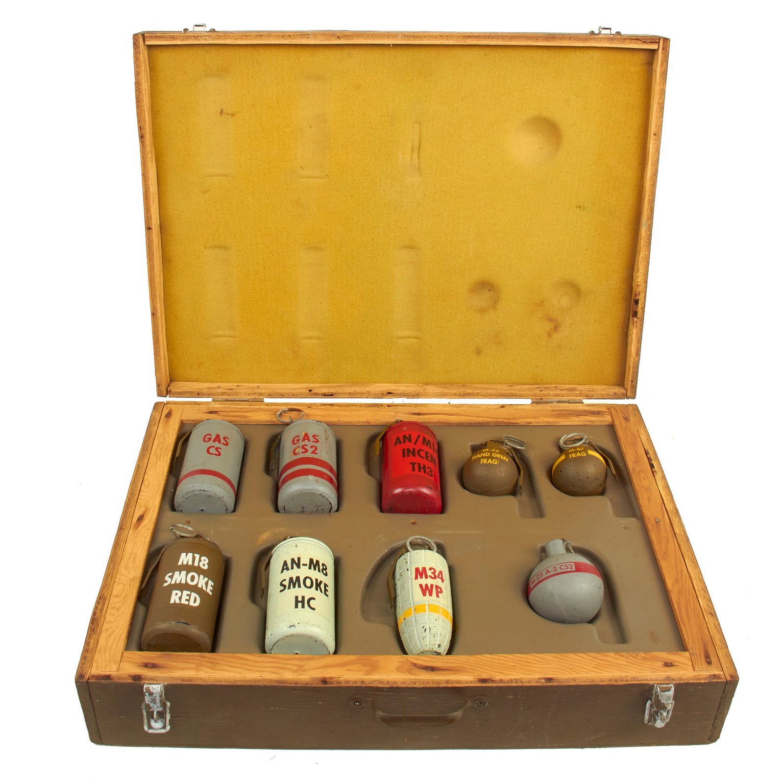 Buy Original U.S. Vietnam War Era “Grenade Chemical Kit” Complete With Inert Resin Replica Grenades - Wood Case: 23 ¼” x 17 ½” x 6” | Original Firearms Antique For Sale