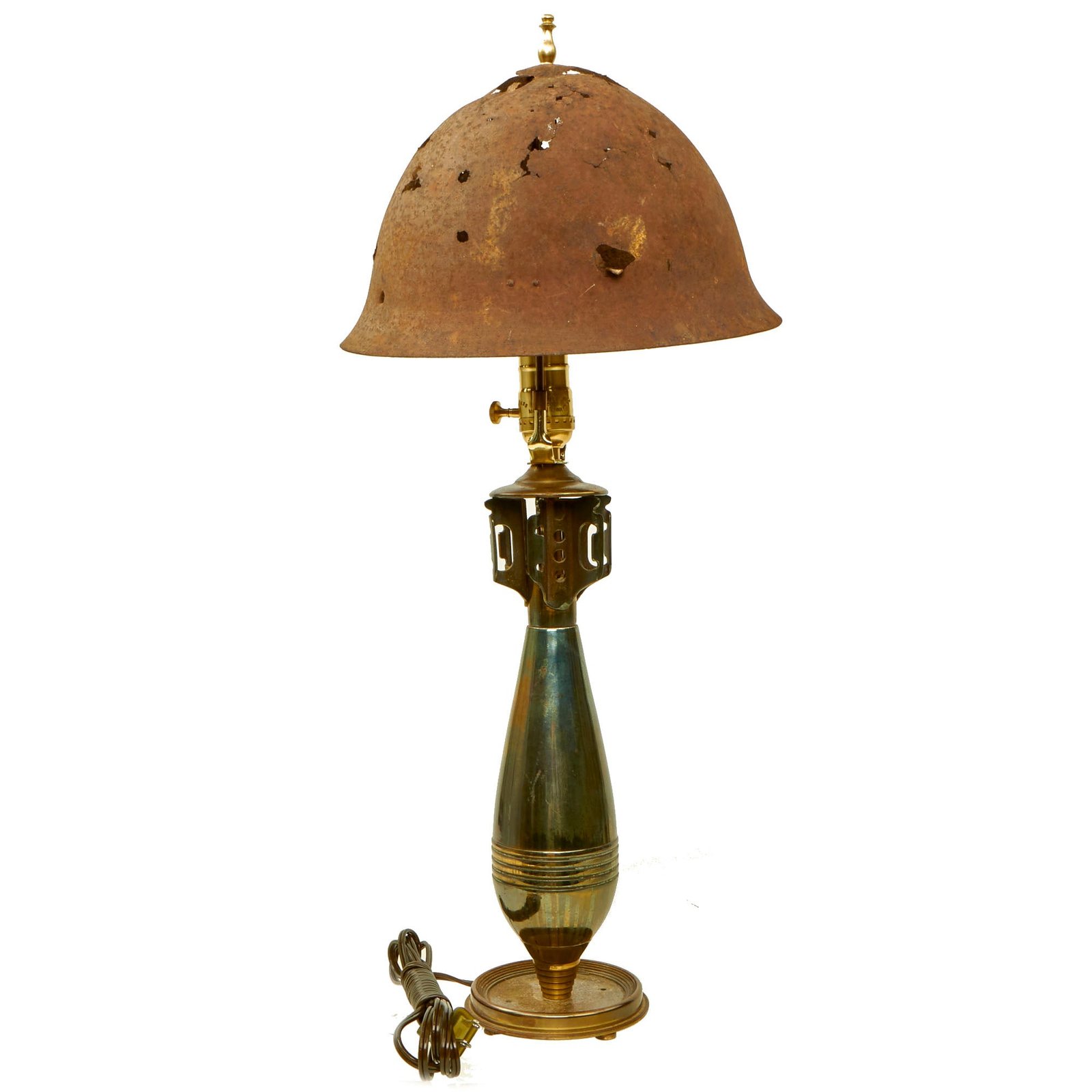 Buy Original U.S. WWII Trench Art Lamp made with Japanese WWII Type 92 Helmet Shell Relic & Nickel Plated Type 100 81mm Mortar Round - Functional | Original Firearms Antique For Sale