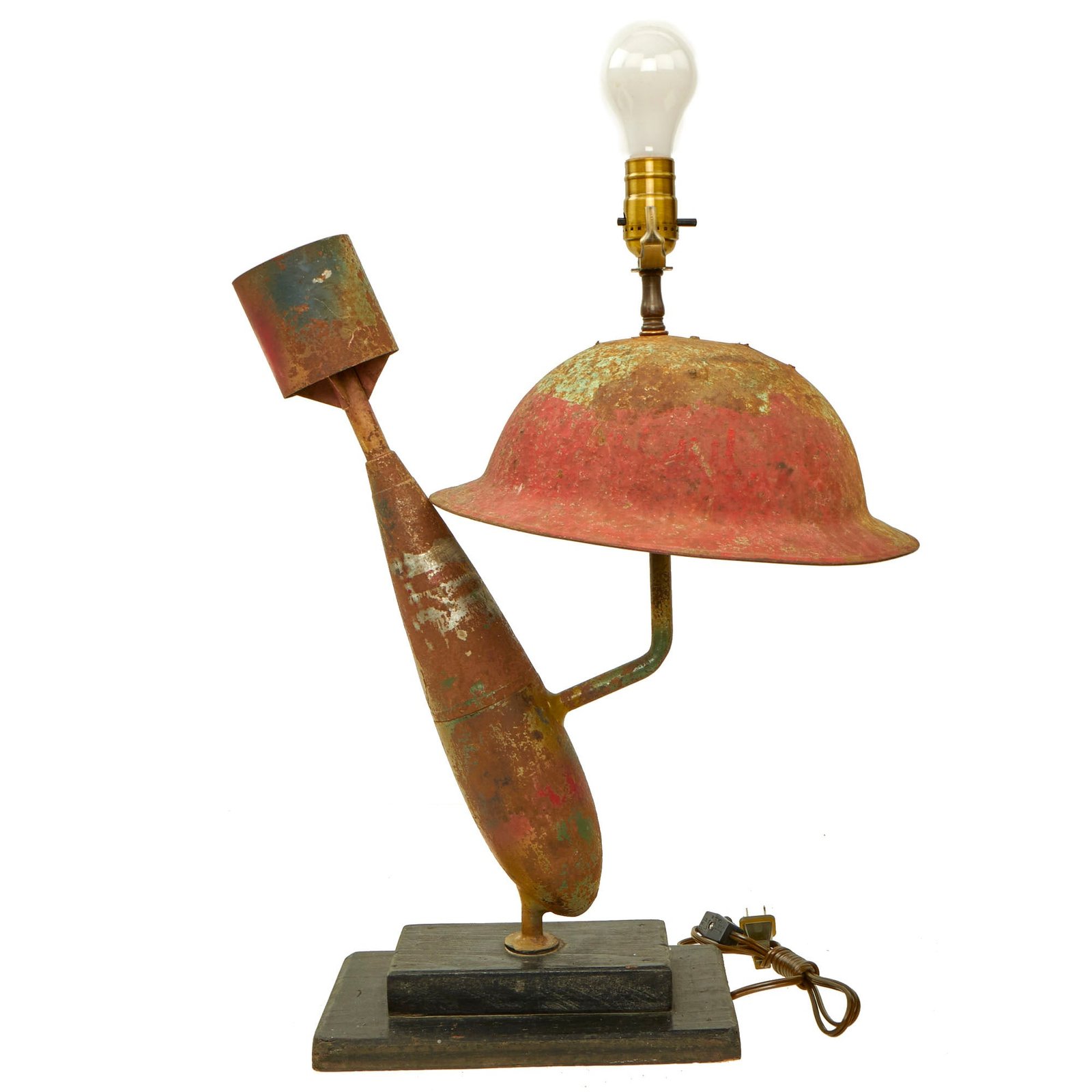 Buy Original British WWI “Trench Art” Lamp Constructed Out Of Mk 1 Brodie Helmet and Inert Royal Flying Corps Aerial Bomb - Functional | Original Firearms Antique For Sale