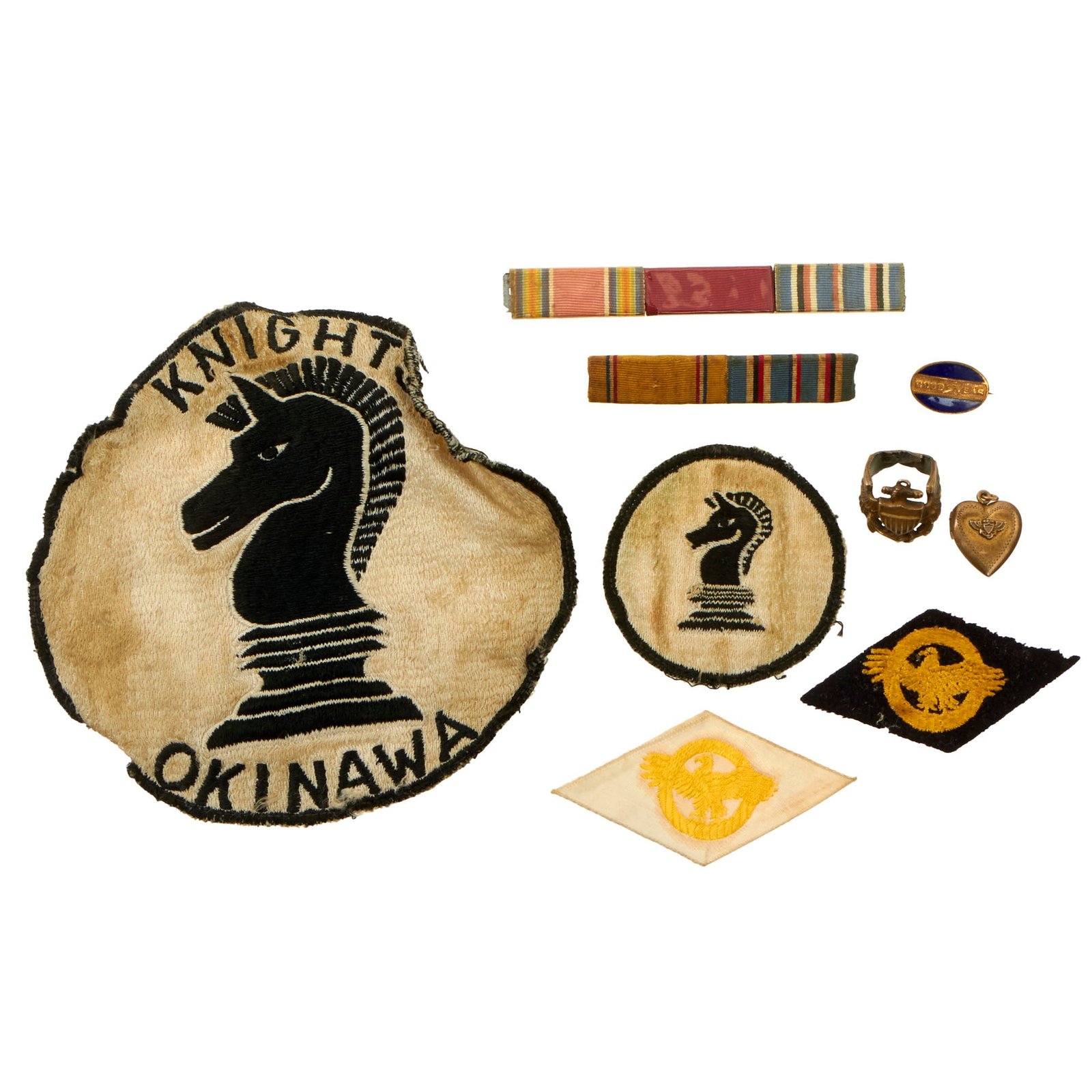 Original U.S. WWII Knights Okinawa Patch & Insignia Group with Naval Aviator Wings Turned into Ring & Ribbon Bars