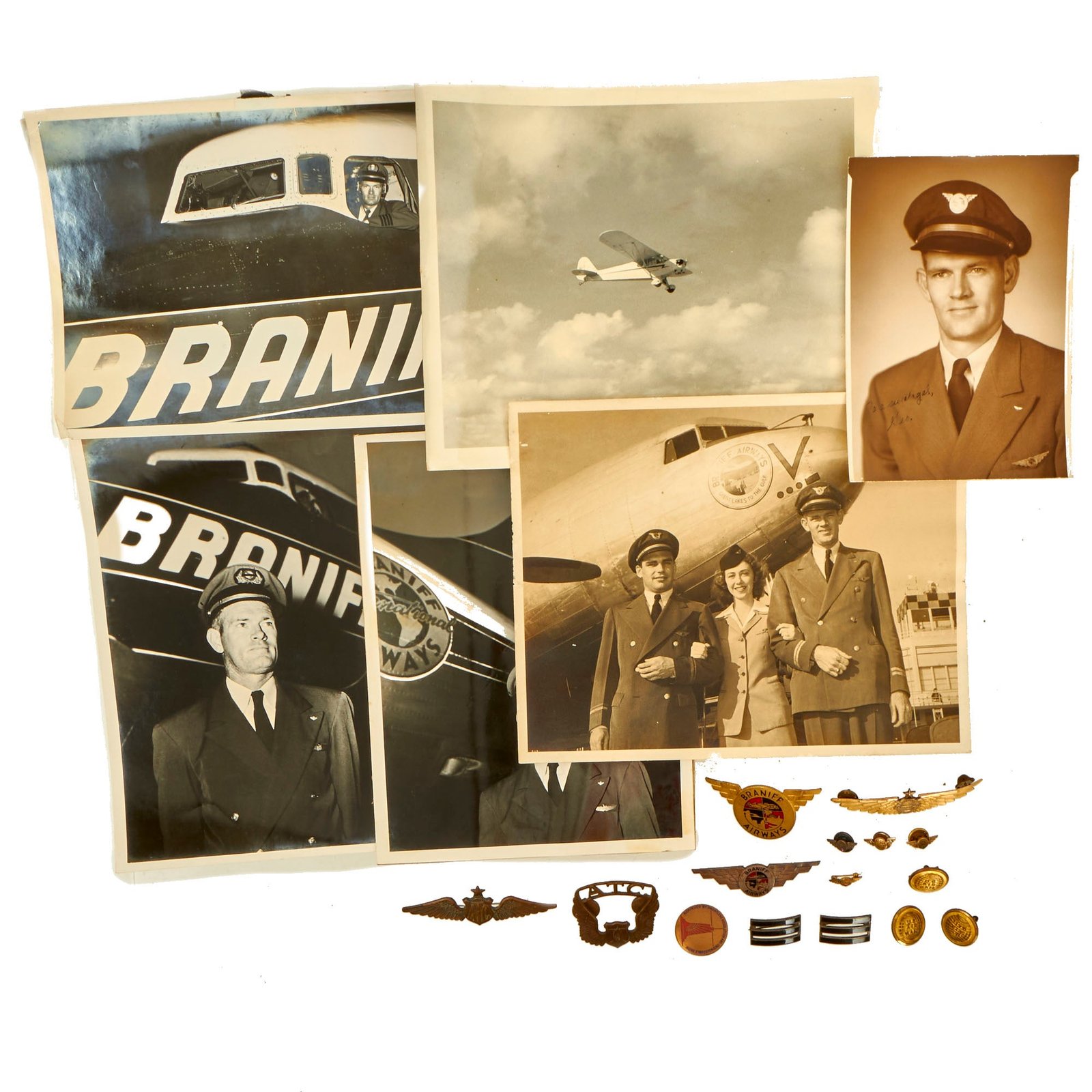 Buy Original U.S. Pre-WWII Era Braniff Airlines / Air Transport Command Pilot Insignia Grouping With Photos - 24 Items | Original Firearms Antique For Sale