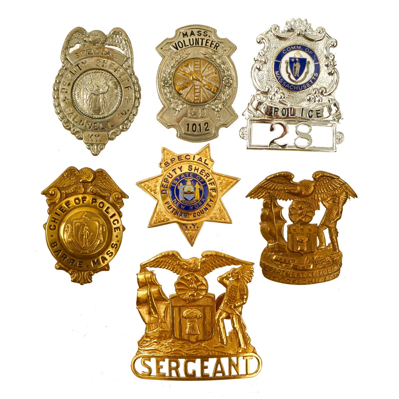 Buy Original U.S. Law Enforcement & Fire Department Cap / Chest Badge Insignia Grouping - 7 Items | Original Firearms Antique For Sale