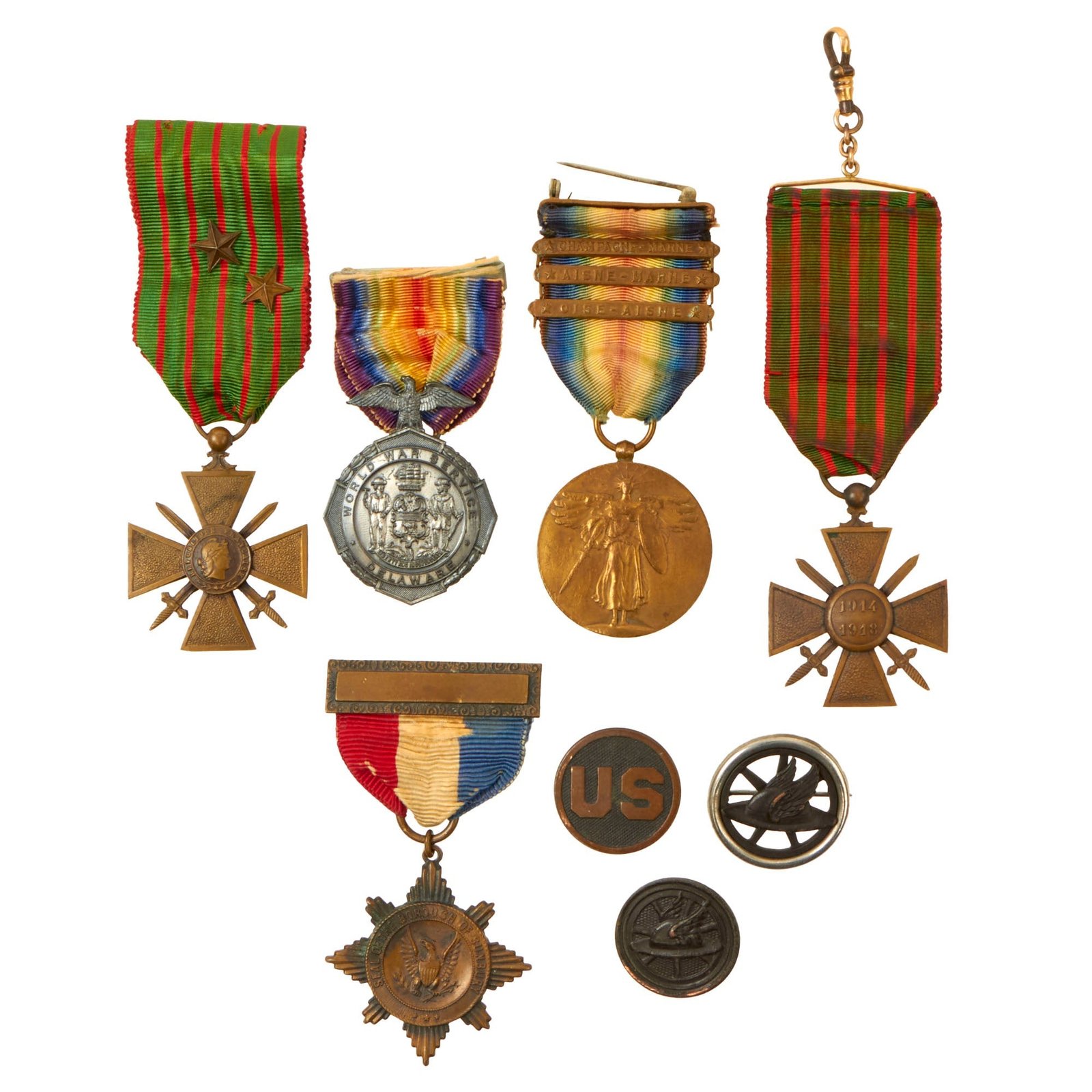 Buy Original U.S. WWI Victory Medal & Collar Disc Lot with Croix de Guerre & Delaware State Medal - 8 Items Total | Original Firearms Antique For Sale