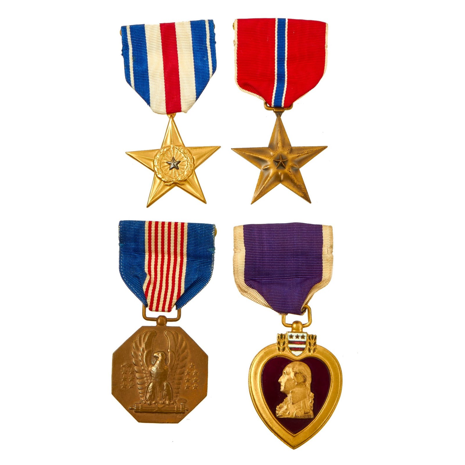 Buy Original U.S. WWII Numbered Purple Hear Grouping Featuring Soldiers Medal, Silver Star and Bronze Star Medals - 4 Items | Original Firearms Antique For Sale