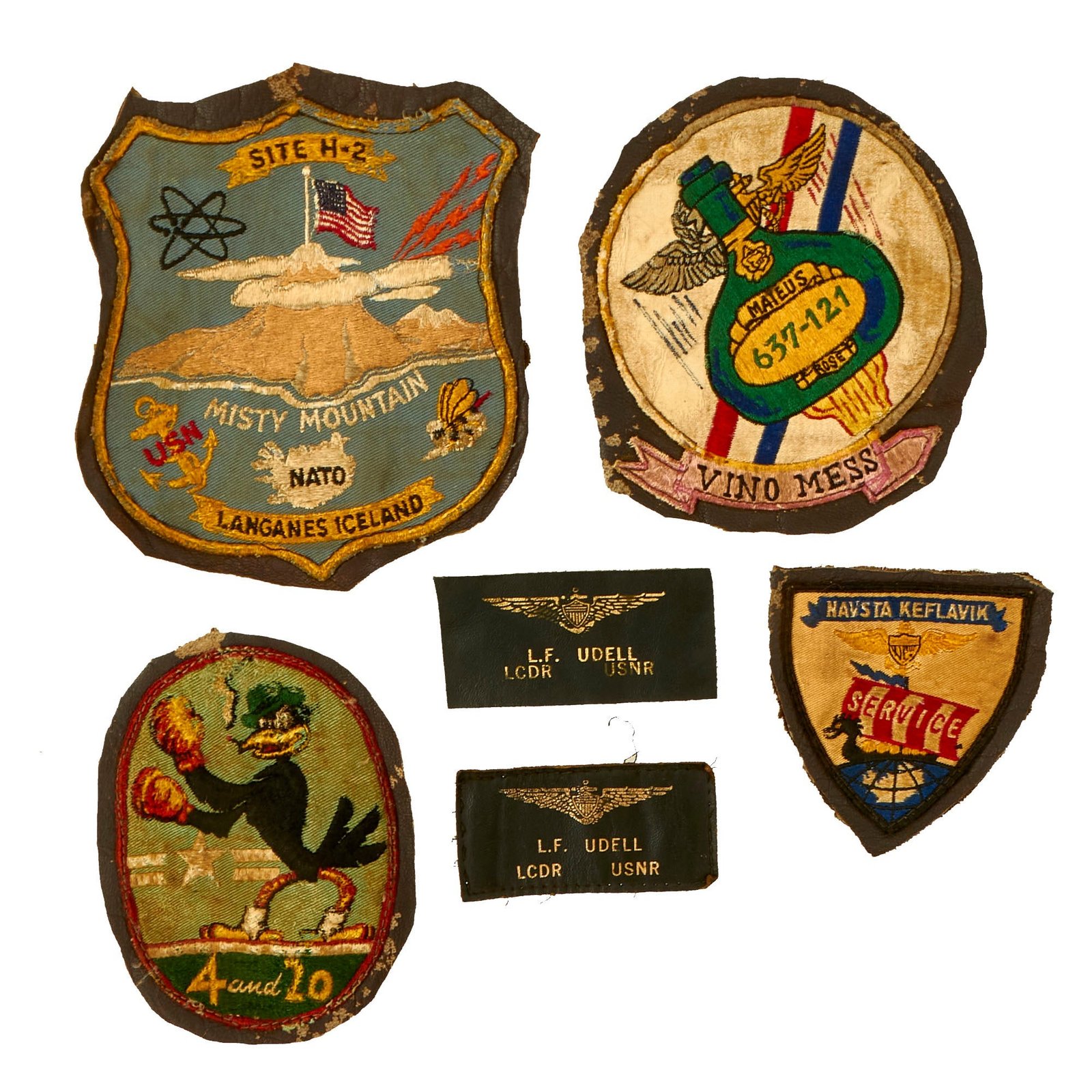 Buy Original U.S. Korean War Era to Vietnam Flight Jacket Removed Squadron Patches and Name Tags For Lieutenant Commander Lewis F. Udell Jr, USNR - 6 Items | Original Firearms Antique For Sale